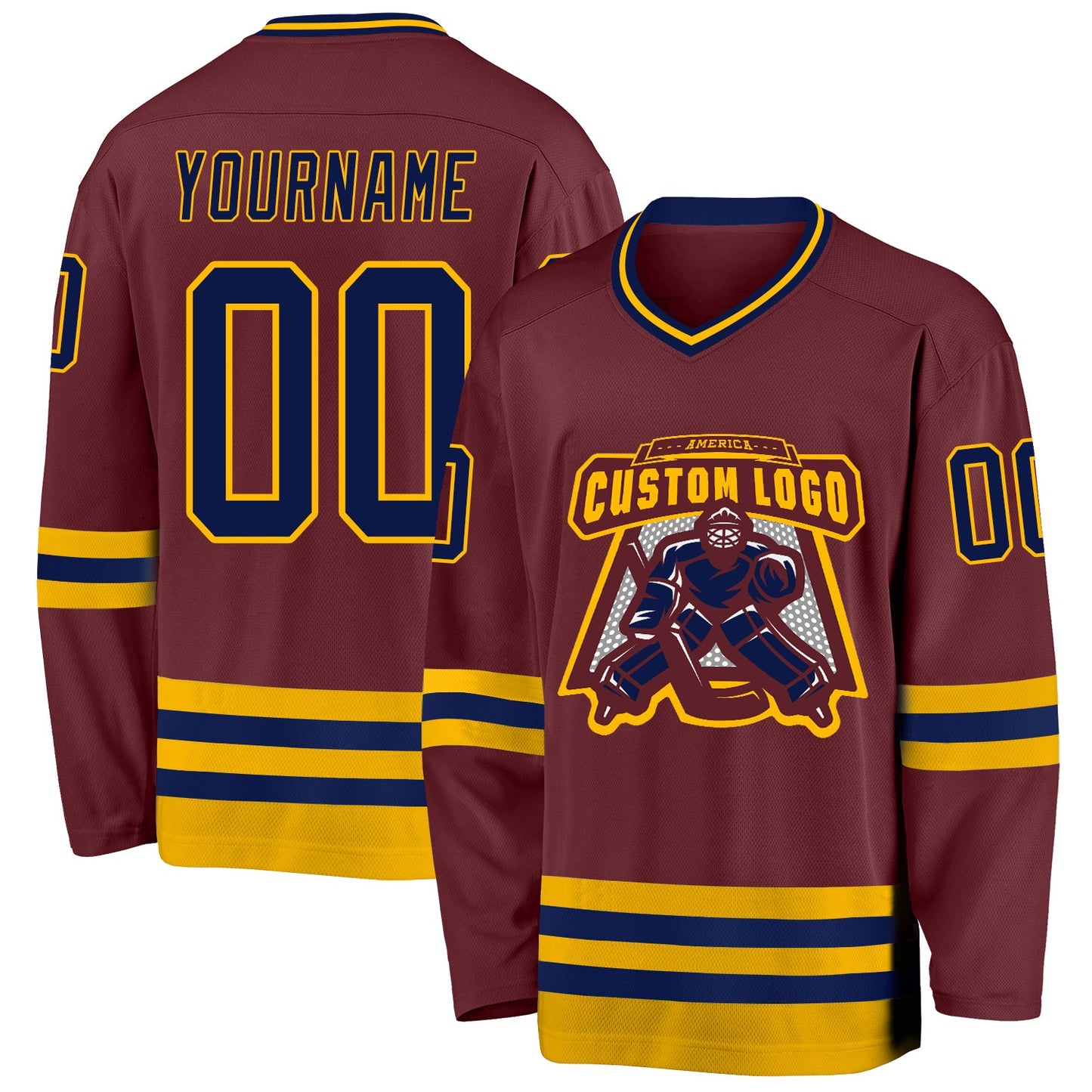 Custom Burgundy Navy-Gold Hockey Jersey view 2