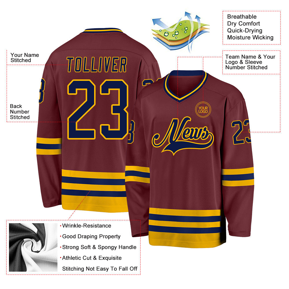 Custom Burgundy Navy-Gold Hockey Jersey view 3