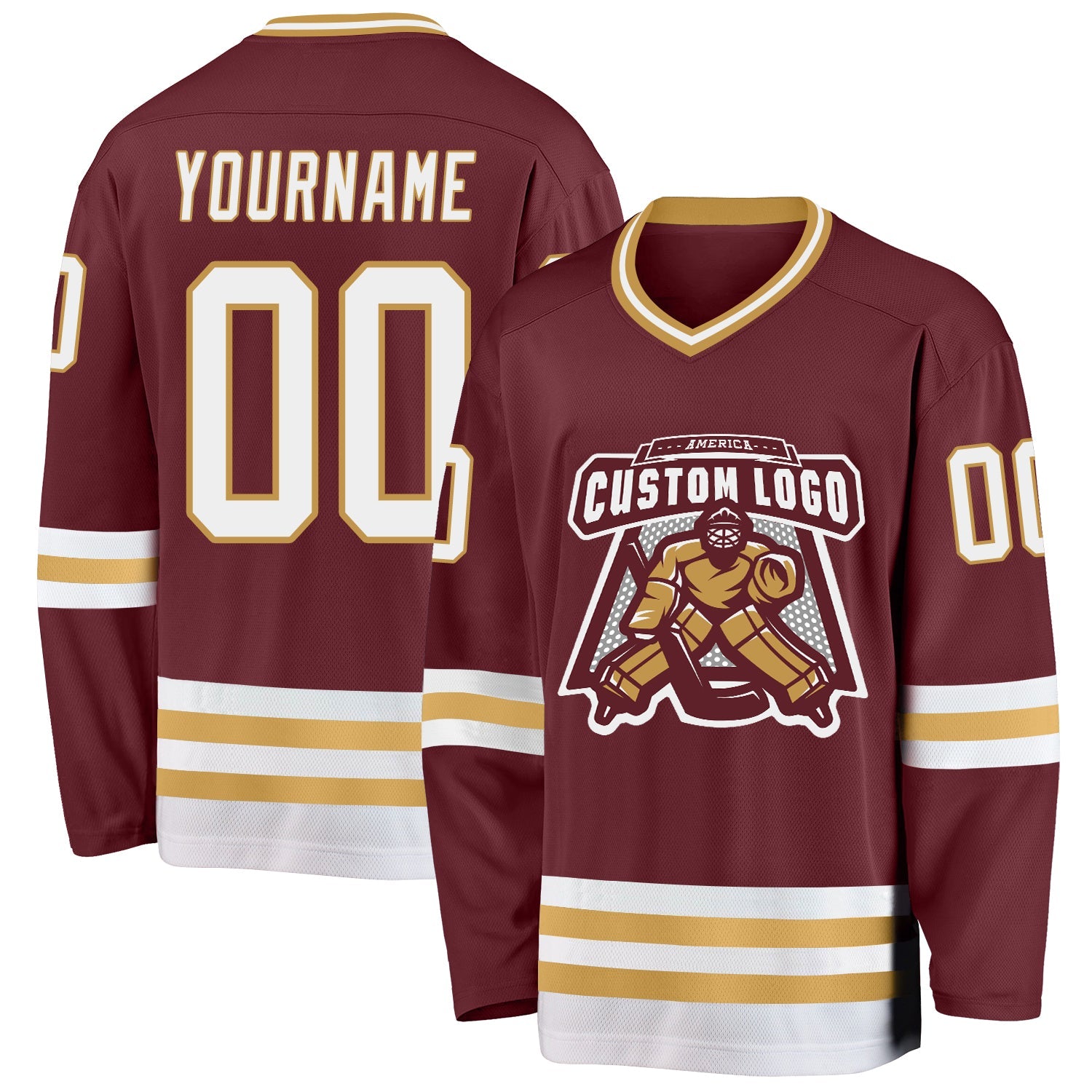 Custom Burgundy White-Old Gold Hockey Jersey view 2
