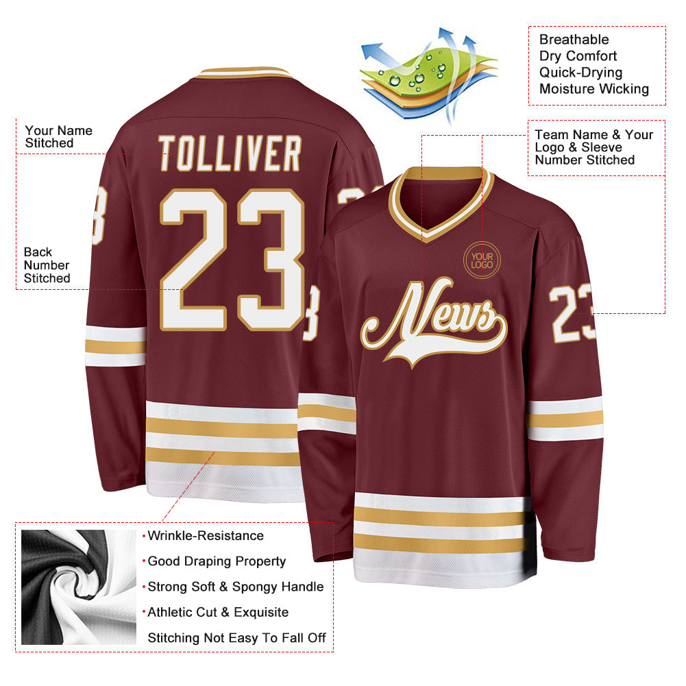 Custom Burgundy White-Old Gold Hockey Jersey view 3