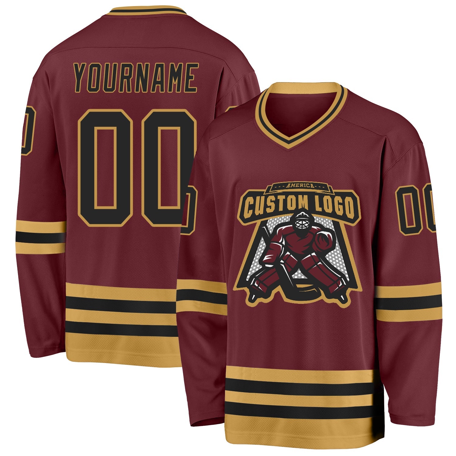 Custom Burgundy Black-Old Gold Hockey Jersey view 2