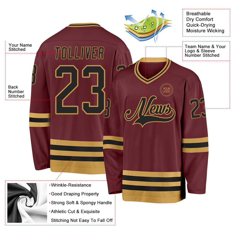 Custom Burgundy Black-Old Gold Hockey Jersey view 3