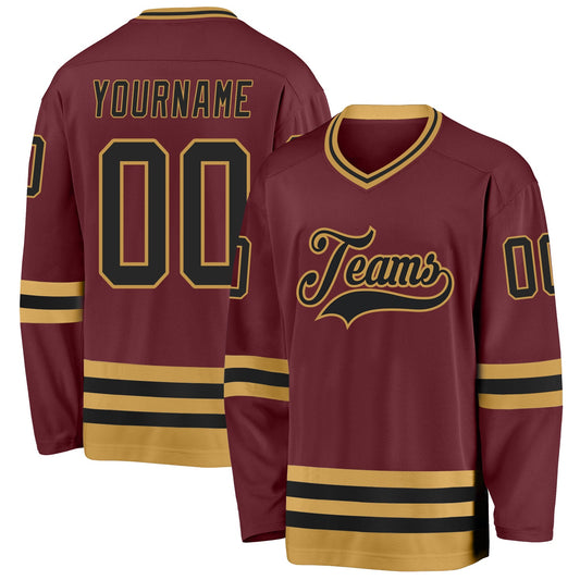 Custom Burgundy Black-Old Gold Hockey Jersey - Main View