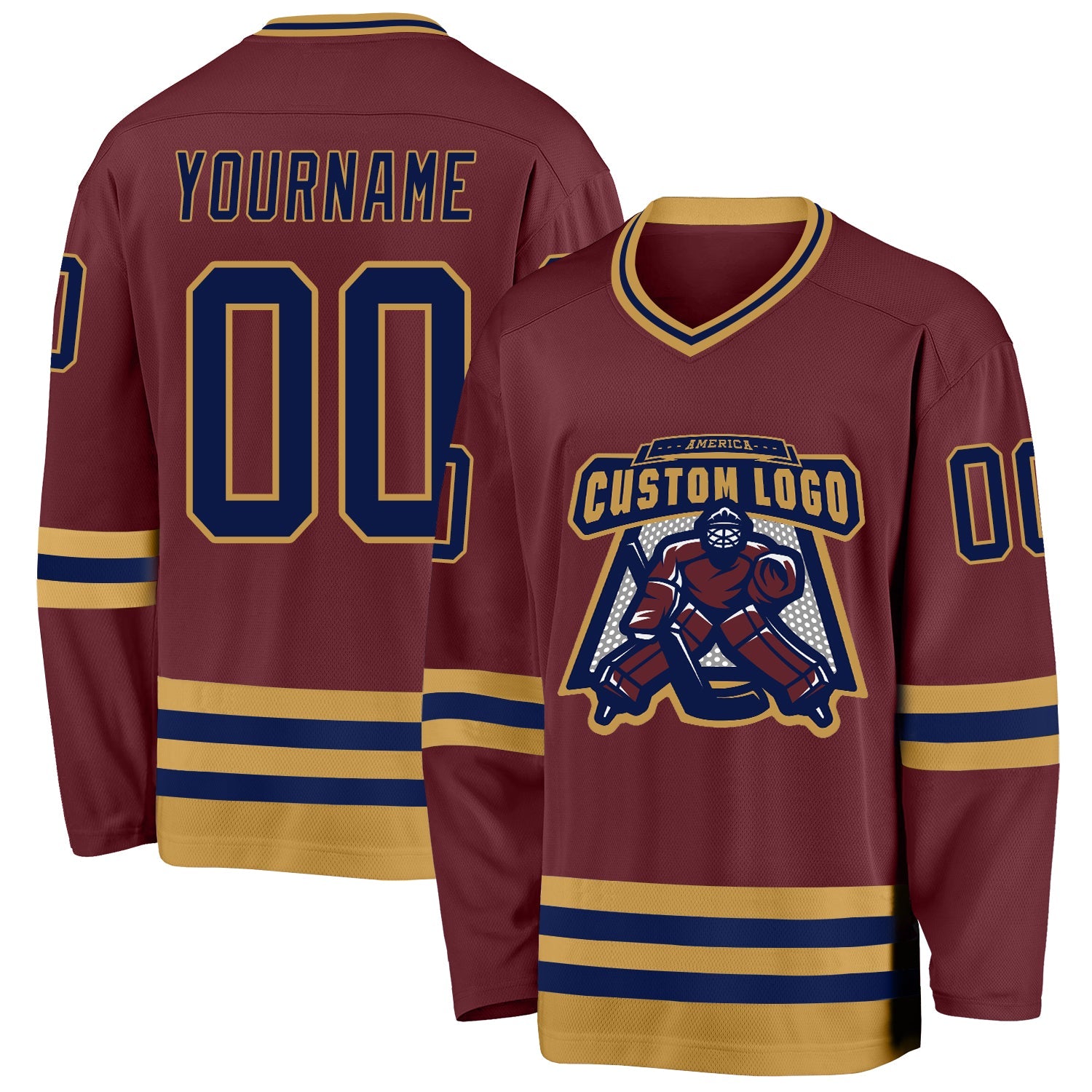 Custom Burgundy Navy-Old Gold Hockey Jersey view 2
