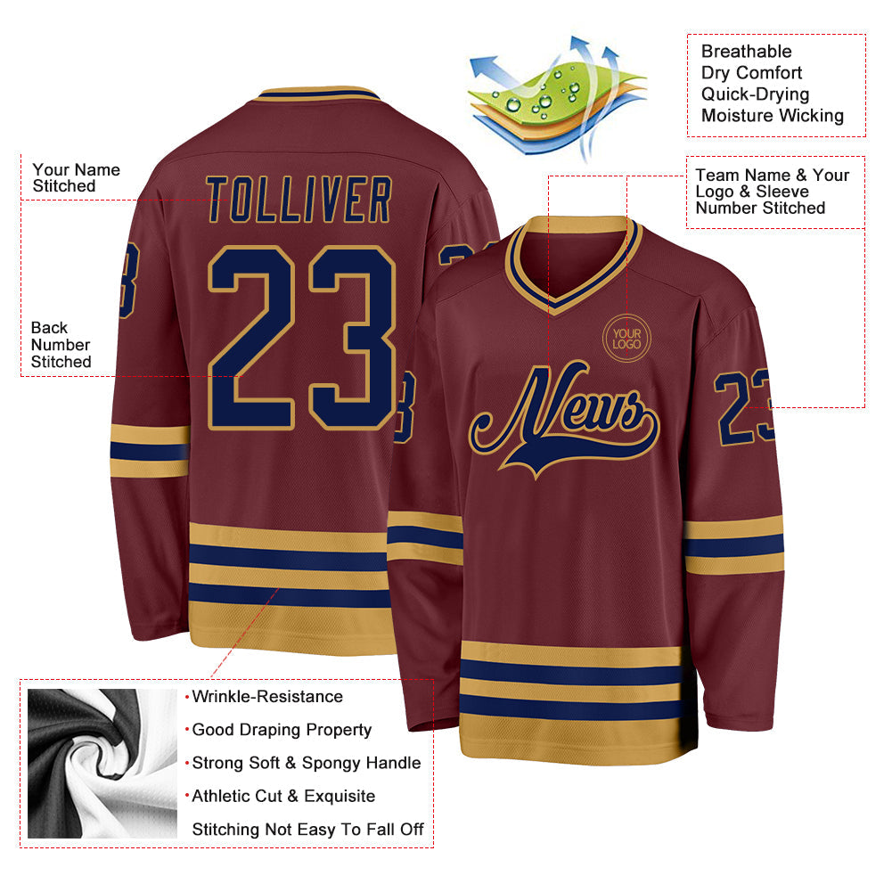Custom Burgundy Navy-Old Gold Hockey Jersey view 3