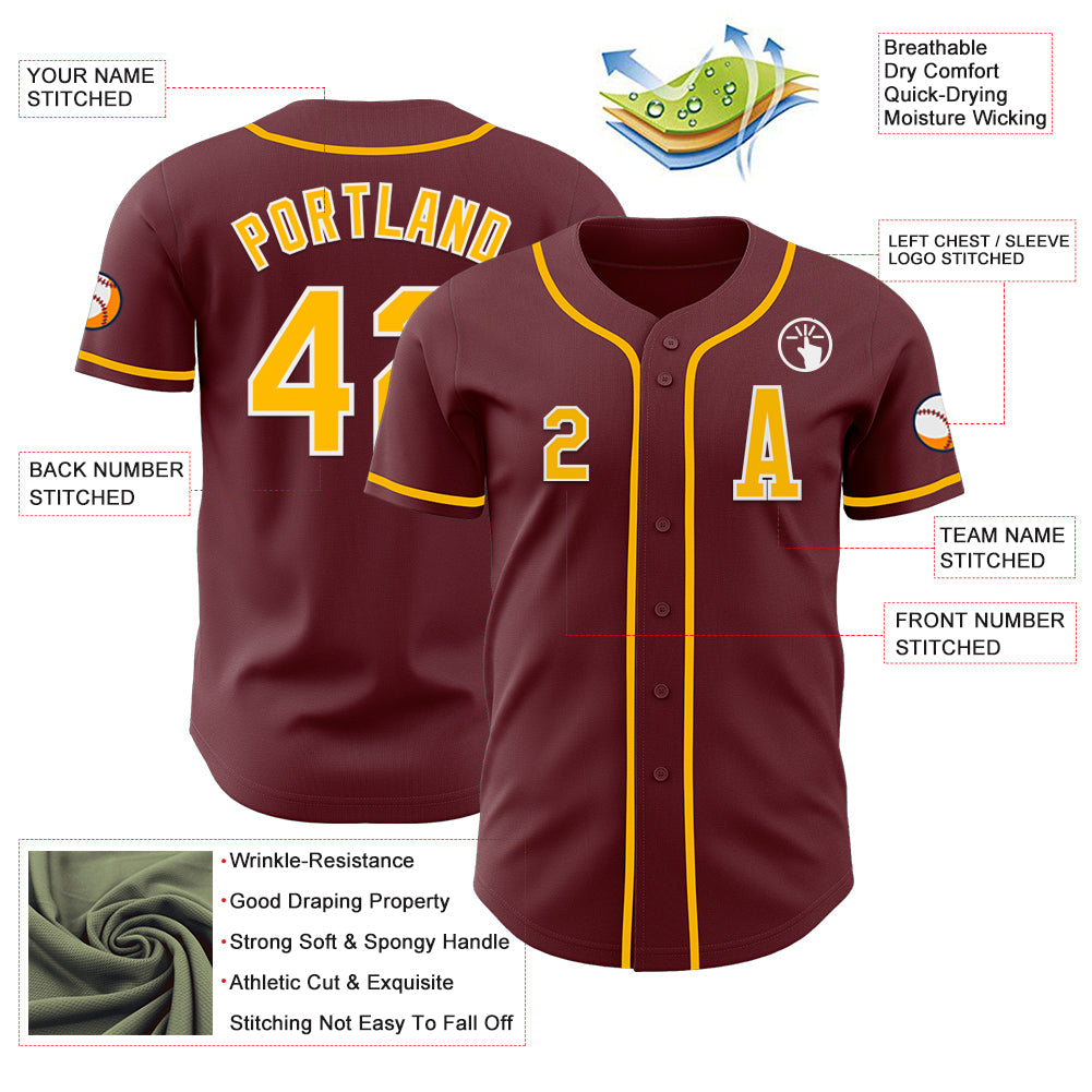 Custom Burgundy Gold-White Authentic Baseball Jersey view 2