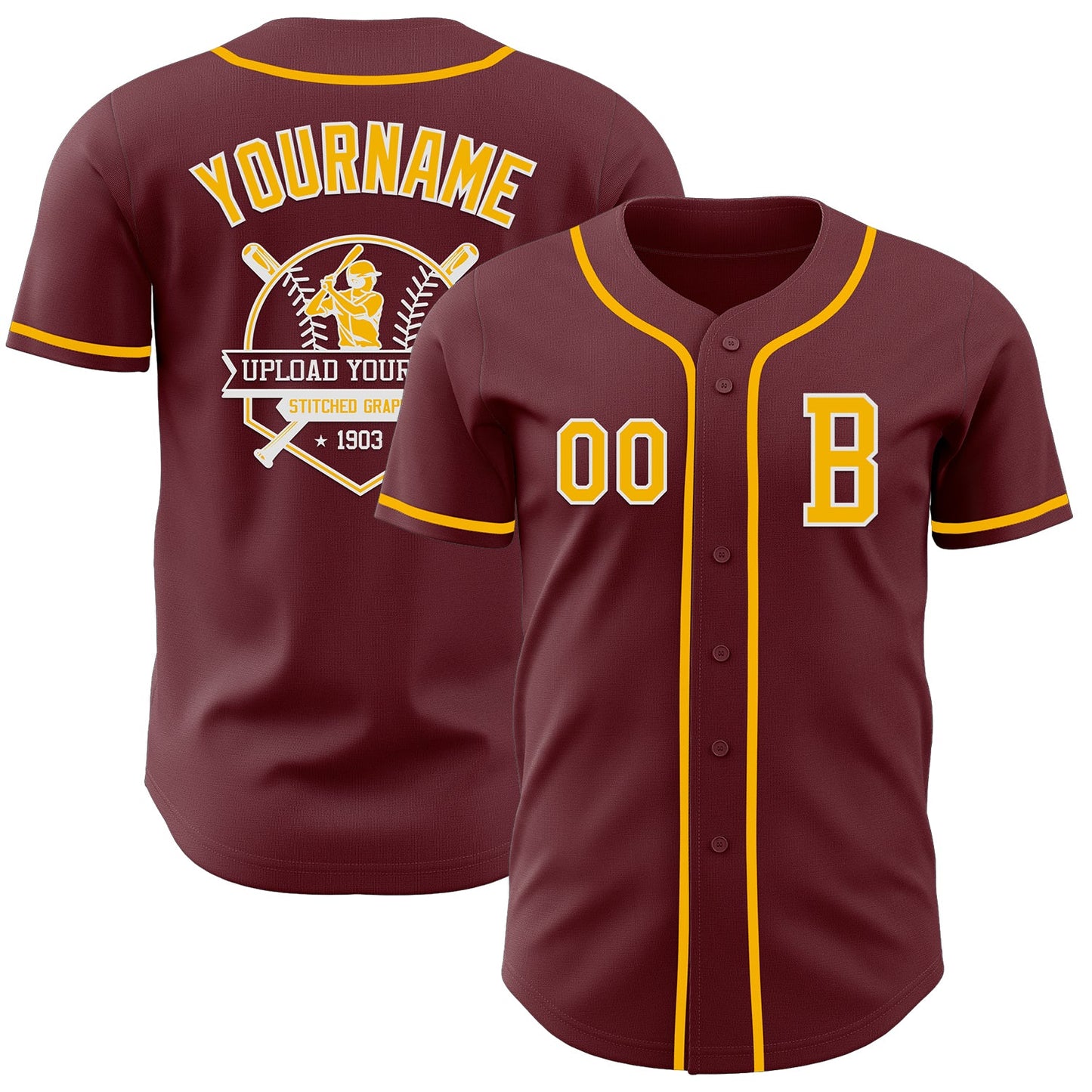 Custom Burgundy Gold-White Authentic Baseball Jersey view 5