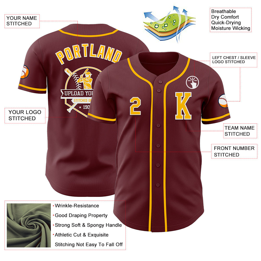 Custom Burgundy Gold-White Authentic Baseball Jersey view 6