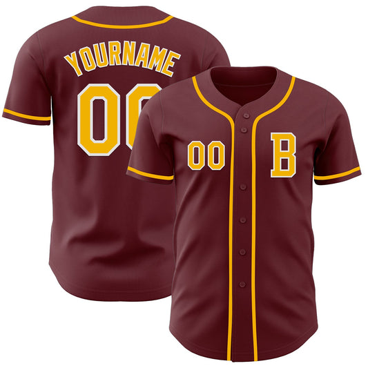 Custom Burgundy Gold-White Authentic Baseball Jersey - Main View