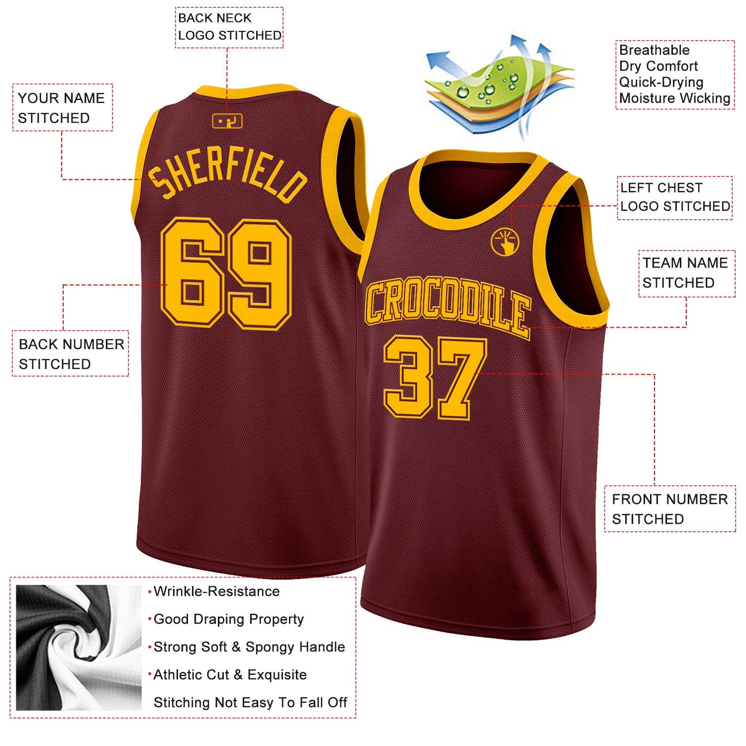 Custom Burgundy Gold Authentic Basketball Jersey view 2