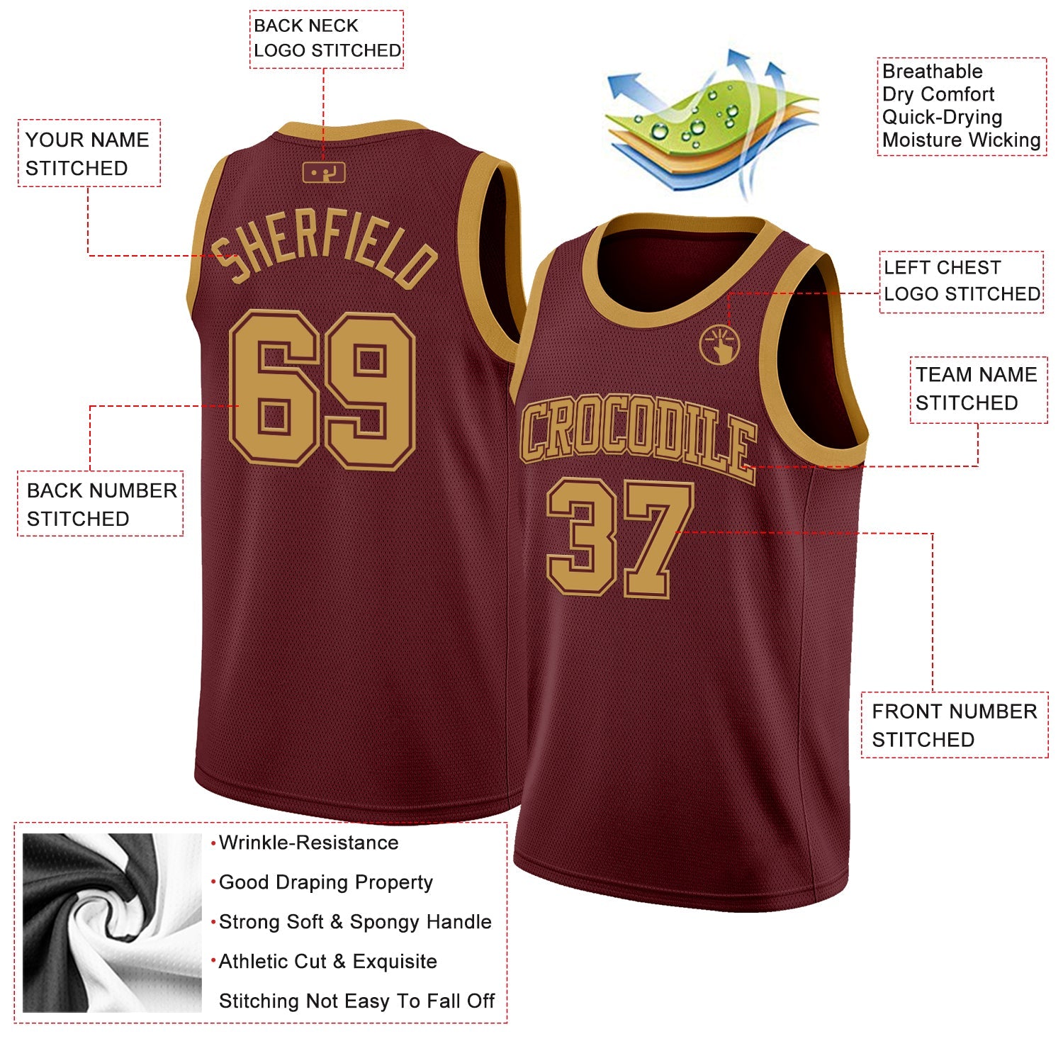 Custom Burgundy Old Gold Authentic Basketball Jersey view 2