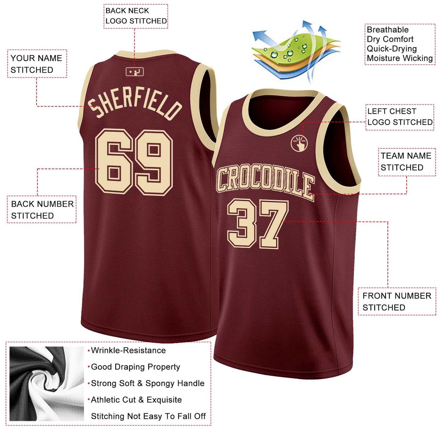 Custom Burgundy Cream Authentic Basketball Jersey view 2