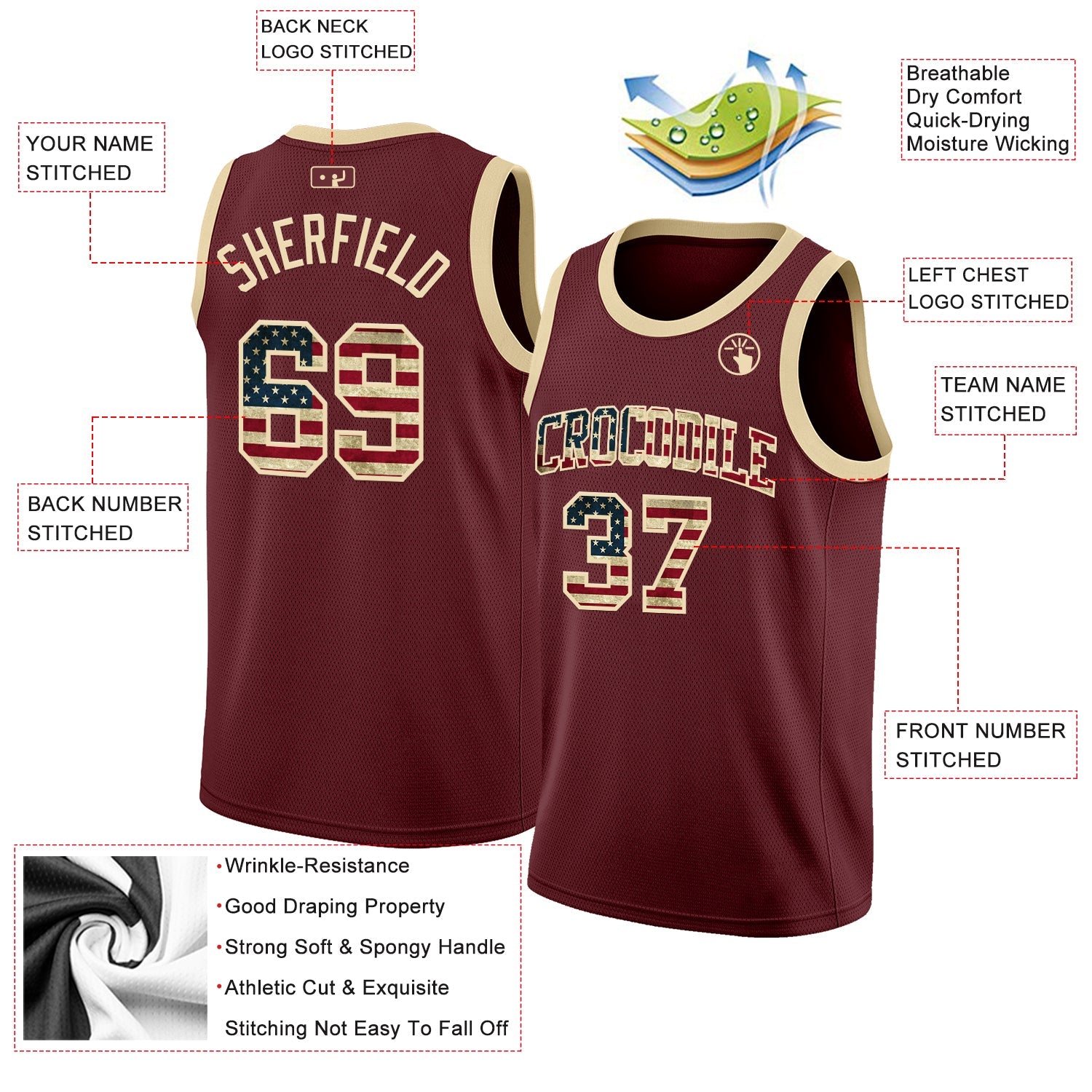 Custom Burgundy Vintage USA Flag-Cream Authentic Basketball Jersey view 2