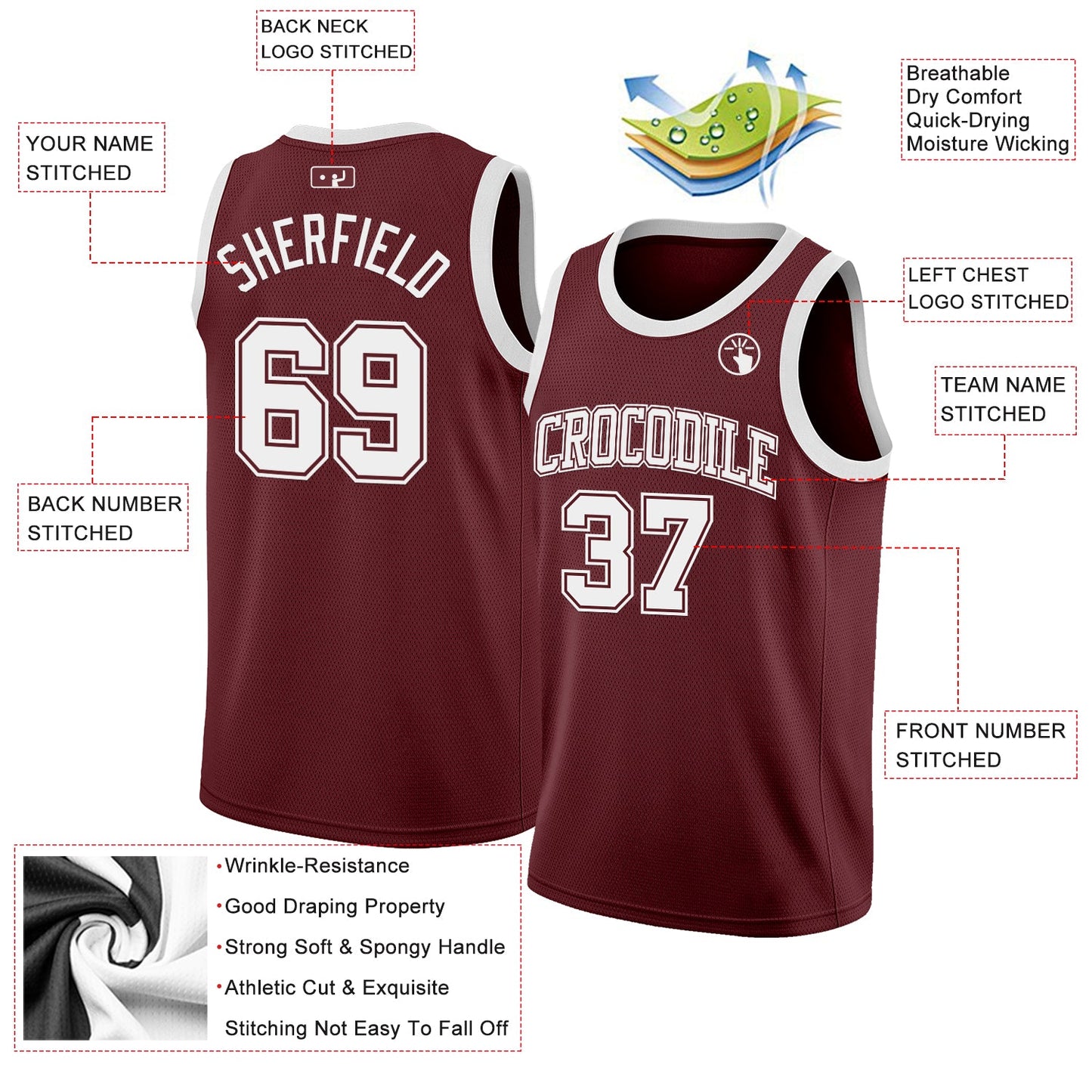 Custom Burgundy White Authentic Basketball Jersey view 2