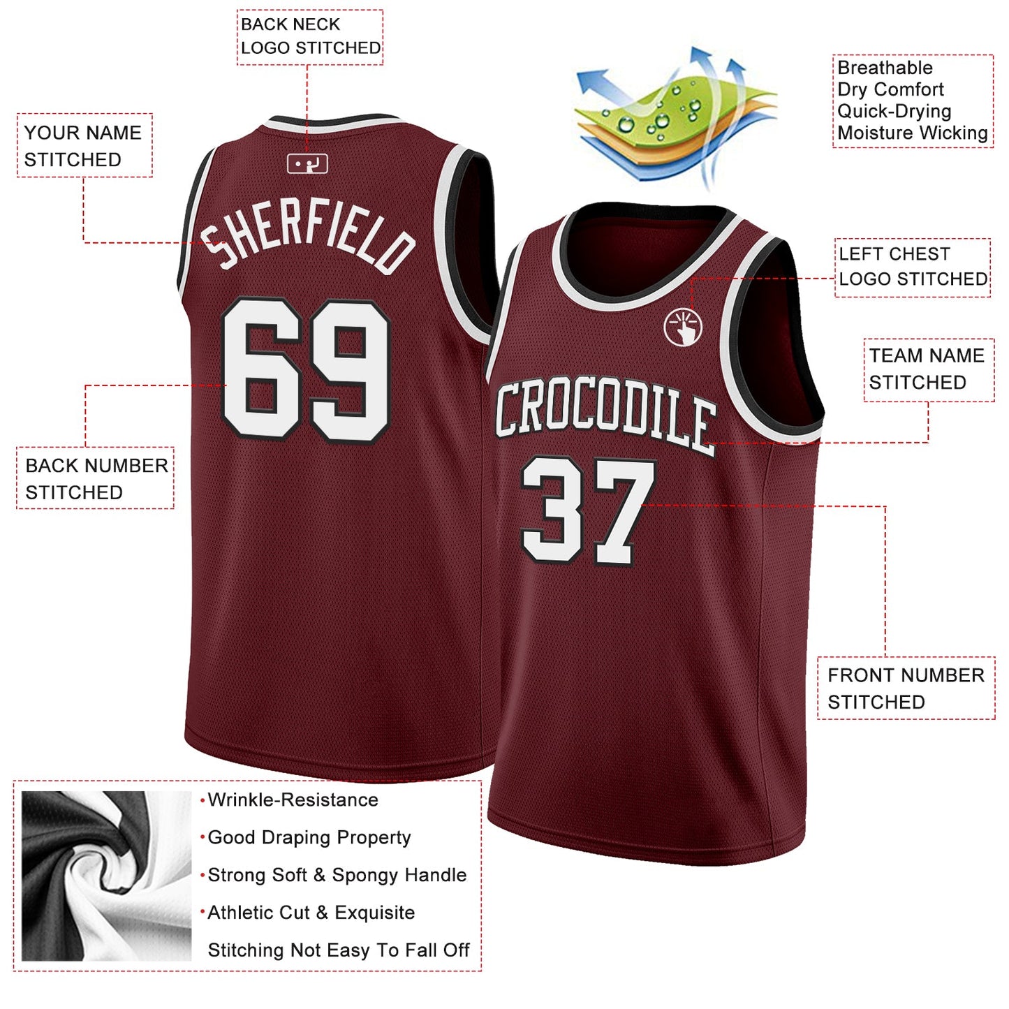 Custom Burgundy White-Black Authentic Basketball Jersey view 2