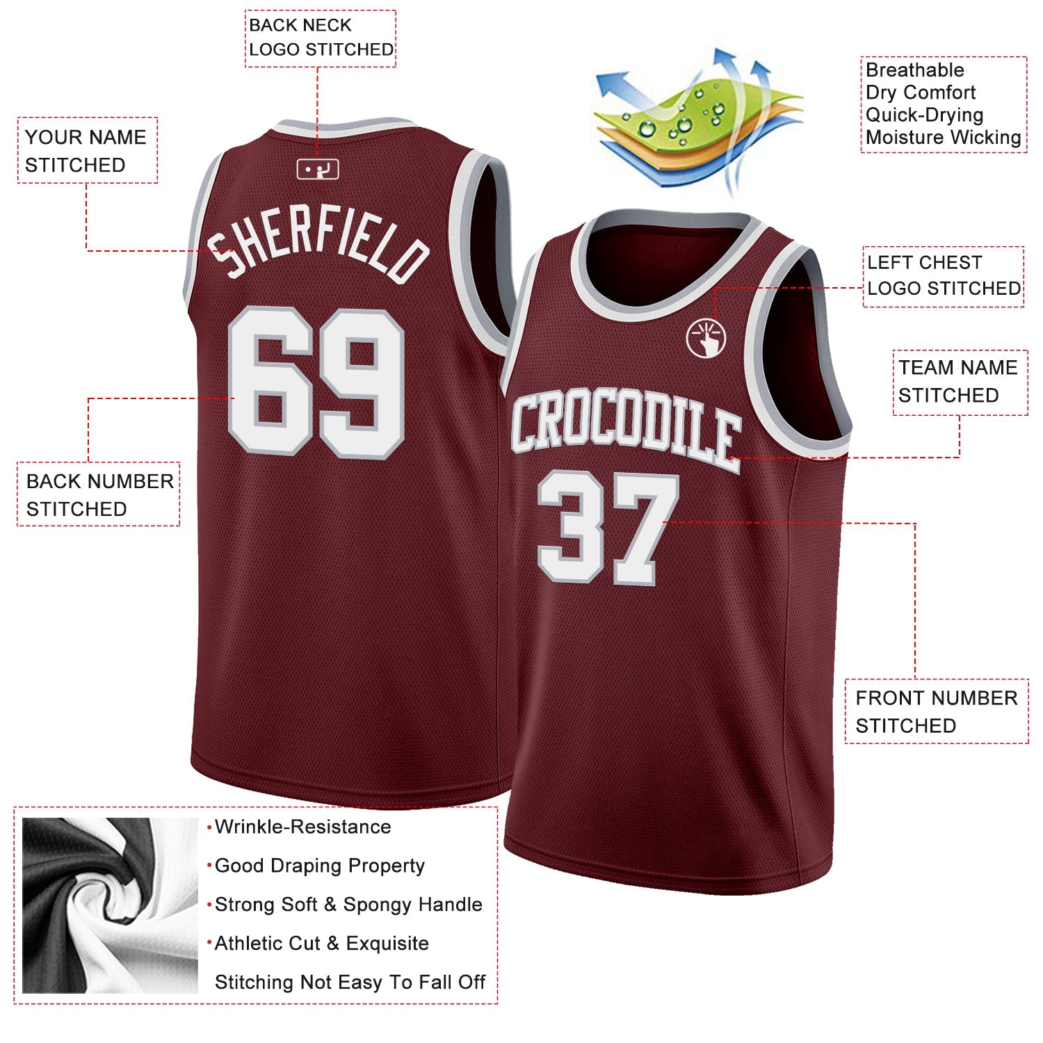 Custom Burgundy White-Gray Authentic Basketball Jersey view 2