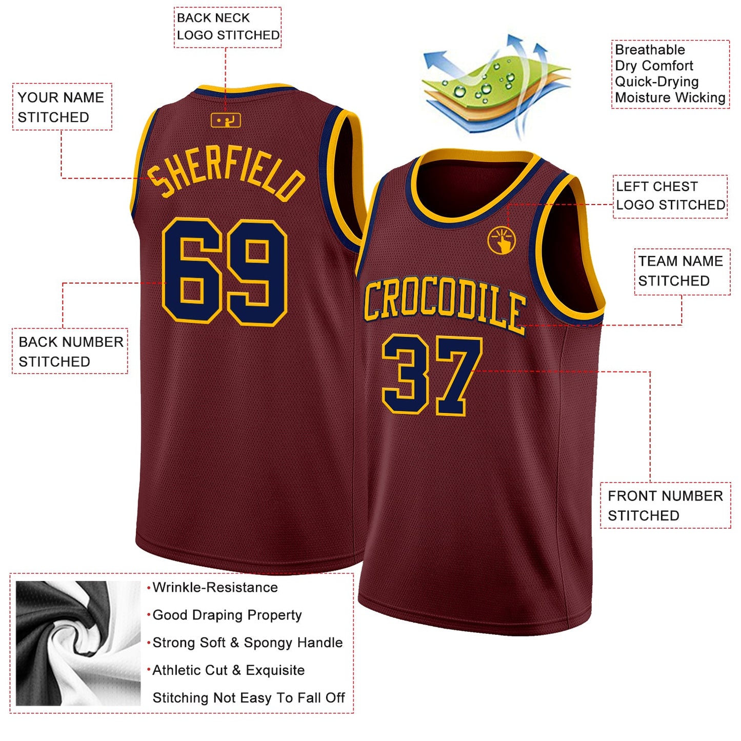 Custom Burgundy Navy-Gold Authentic Basketball Jersey view 2