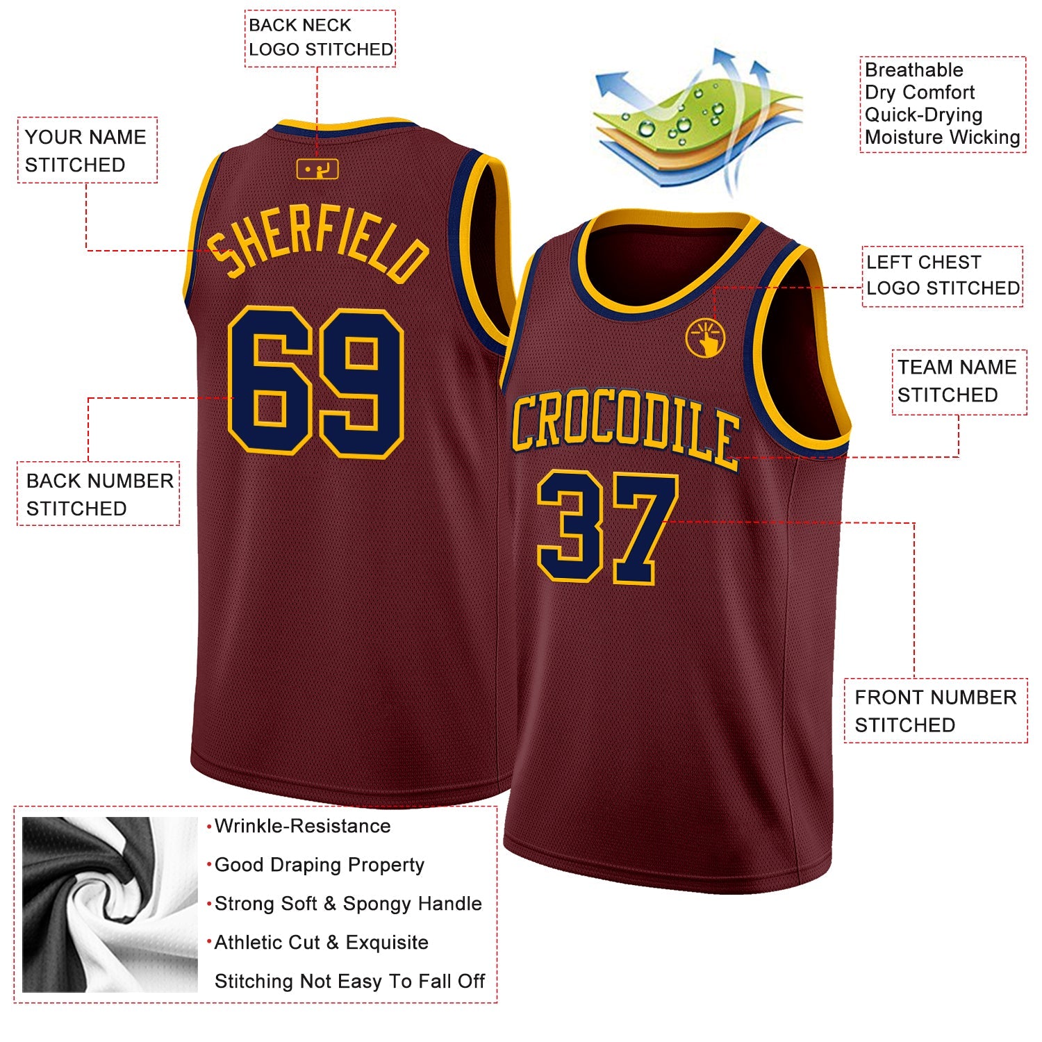 Custom Burgundy Navy-Gold Authentic Basketball Jersey view 2