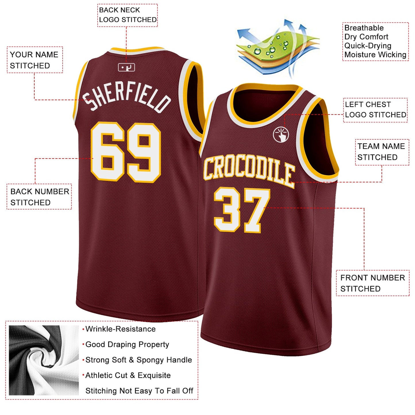 Custom Burgundy White-Gold Authentic Basketball Jersey view 2