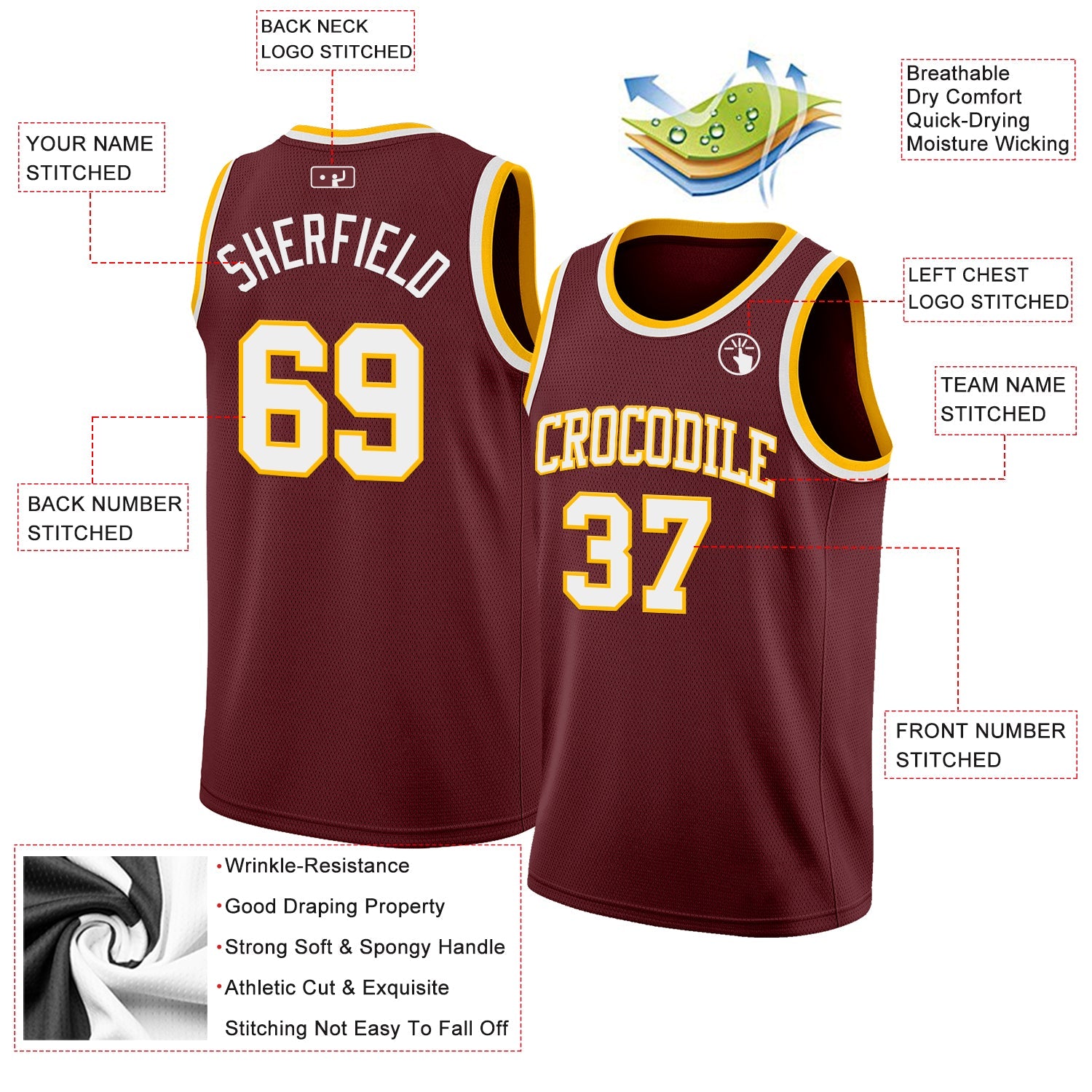 Custom Burgundy White-Gold Authentic Basketball Jersey view 2