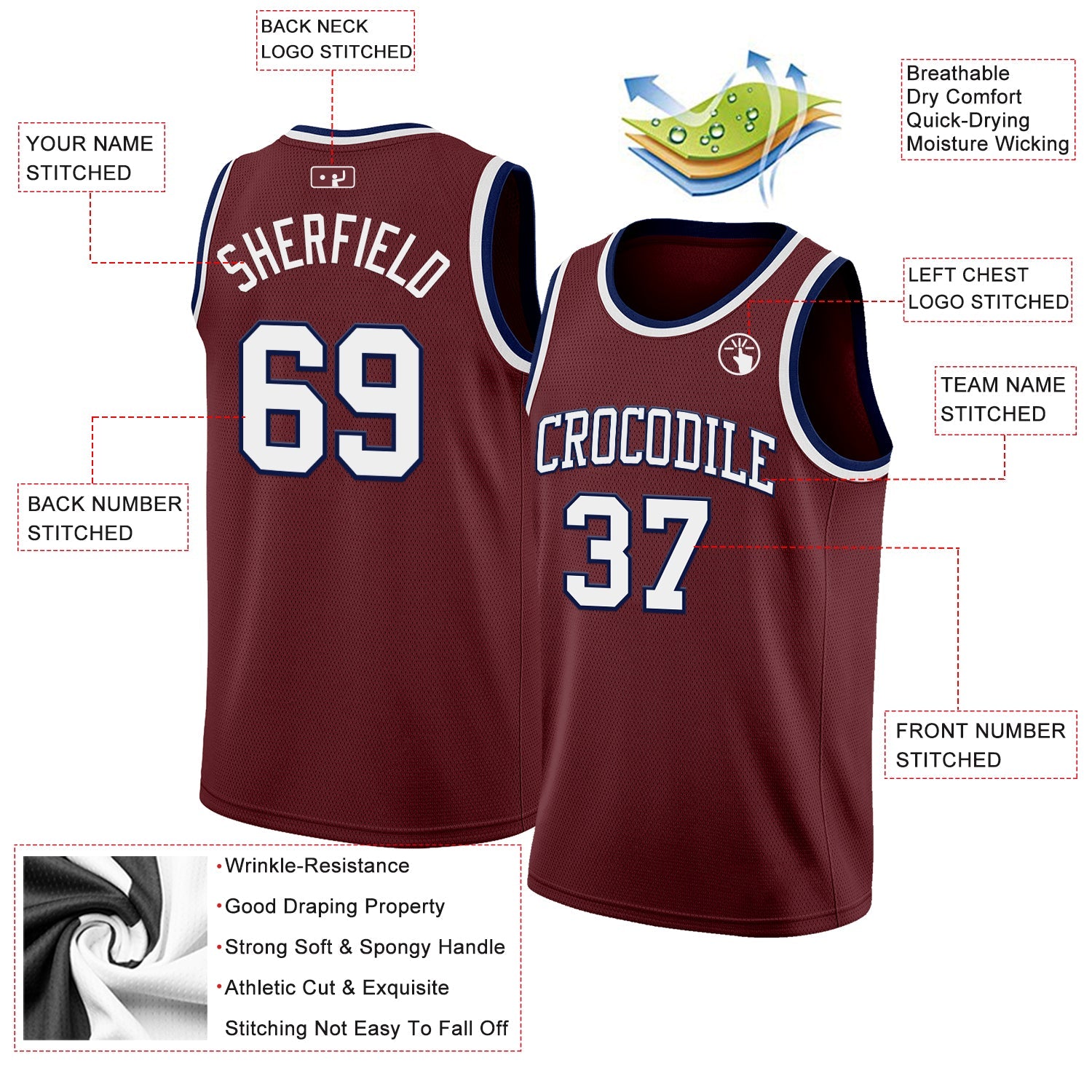 Custom Burgundy White-Navy Authentic Basketball Jersey view 2