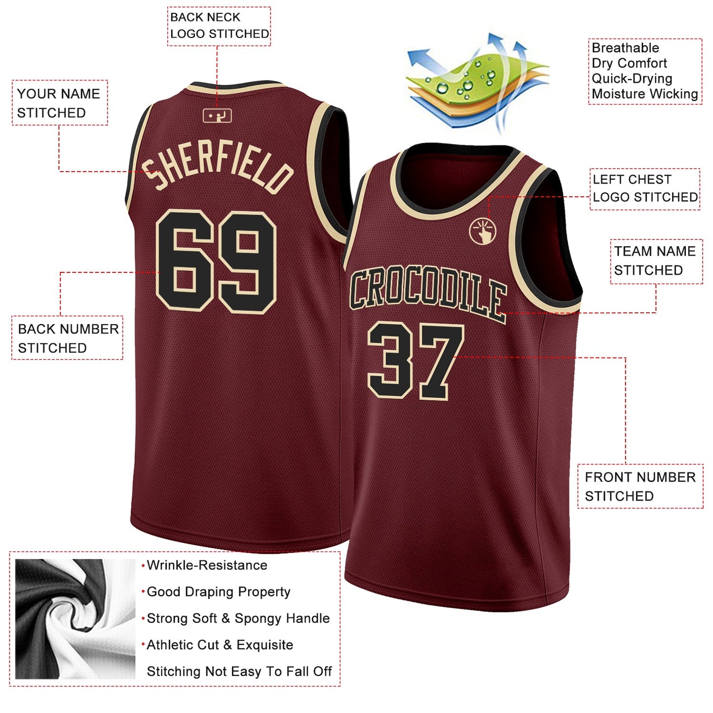 Custom Burgundy Black-Cream Authentic Basketball Jersey view 2