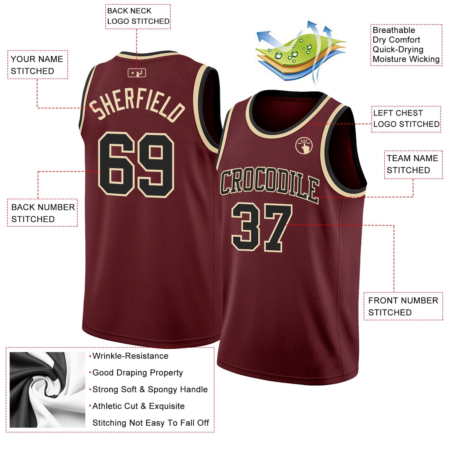 Custom Burgundy Black-Cream Authentic Basketball Jersey view 2