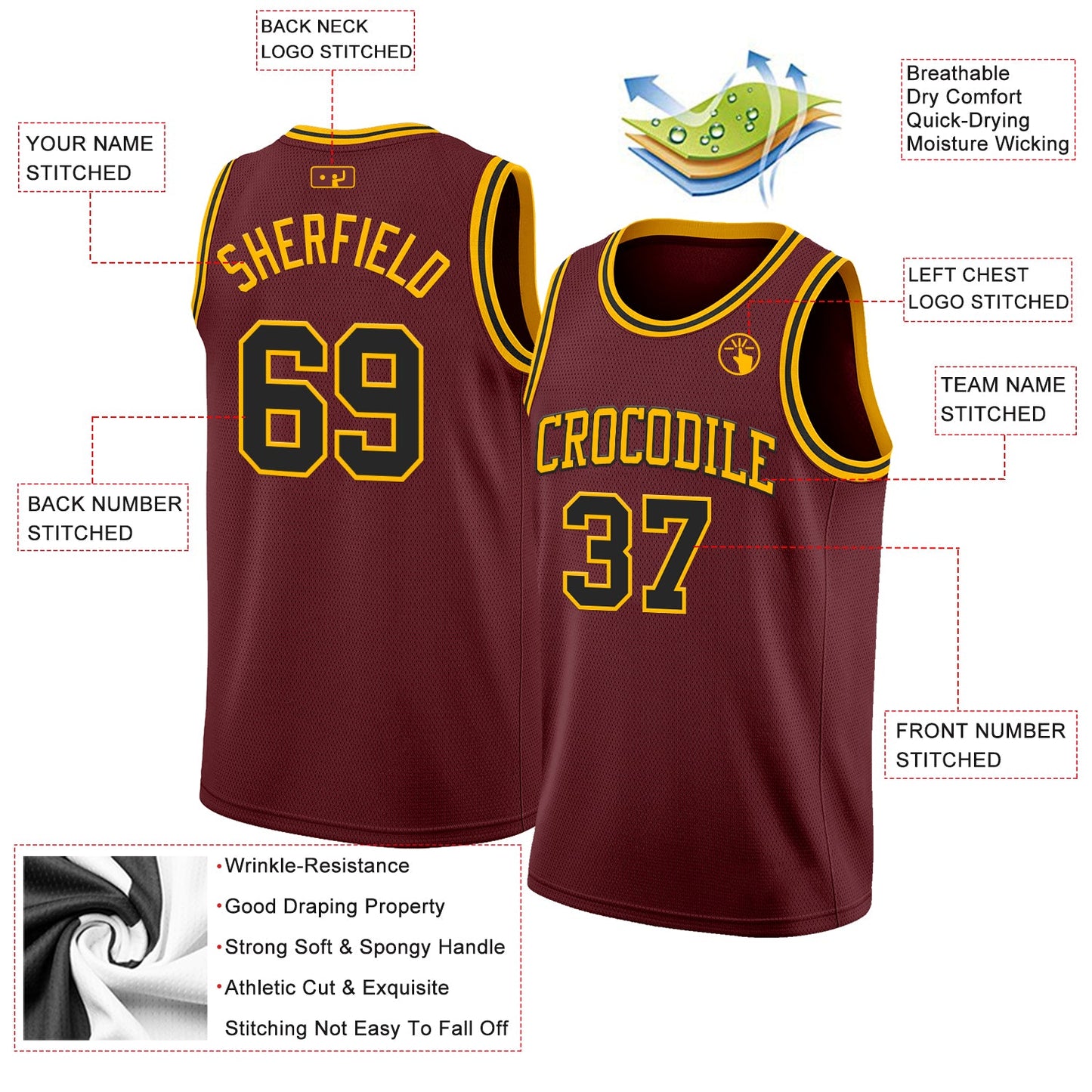 Custom Burgundy Black-Gold Authentic Basketball Jersey view 2