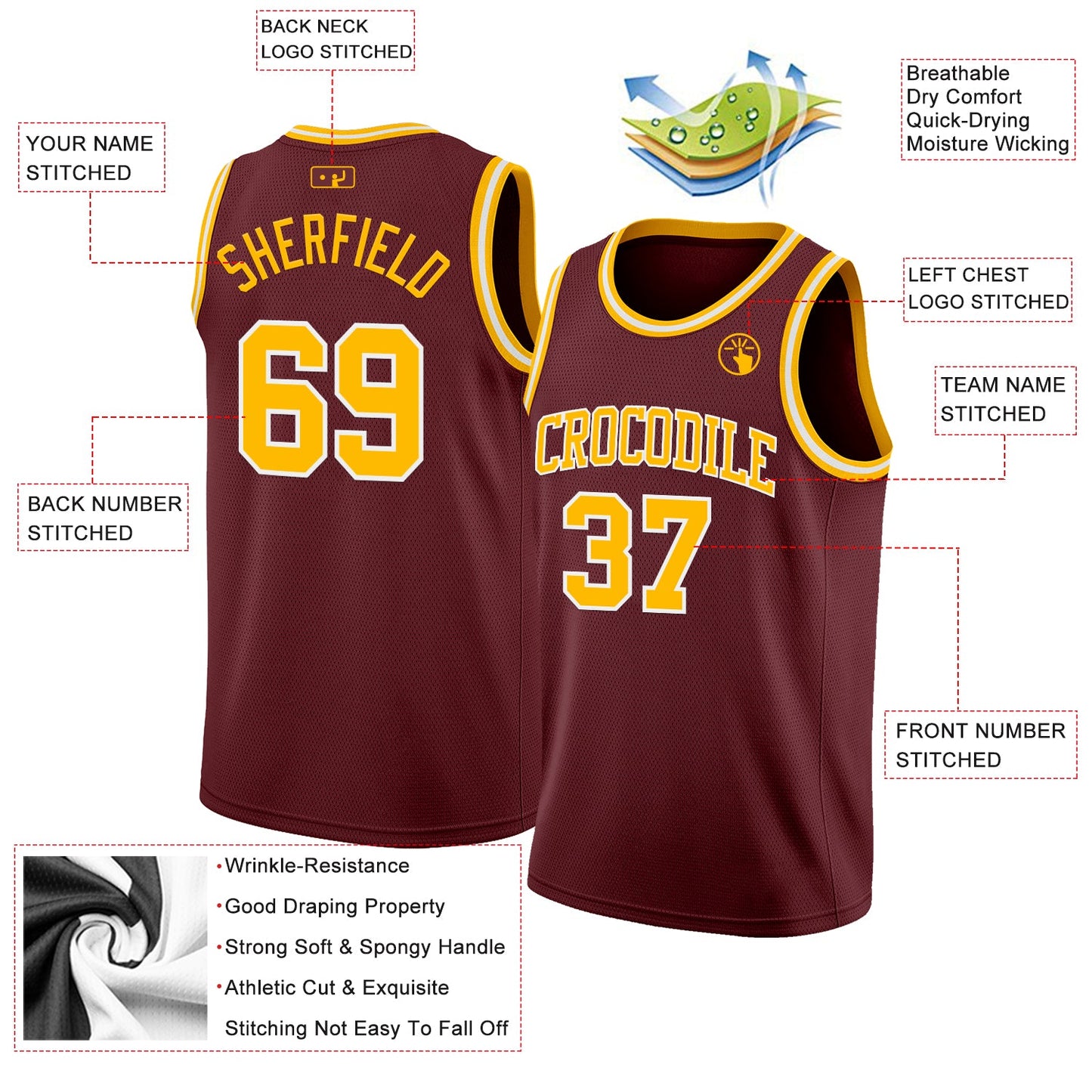 Custom Burgundy Gold-White Authentic Basketball Jersey view 2