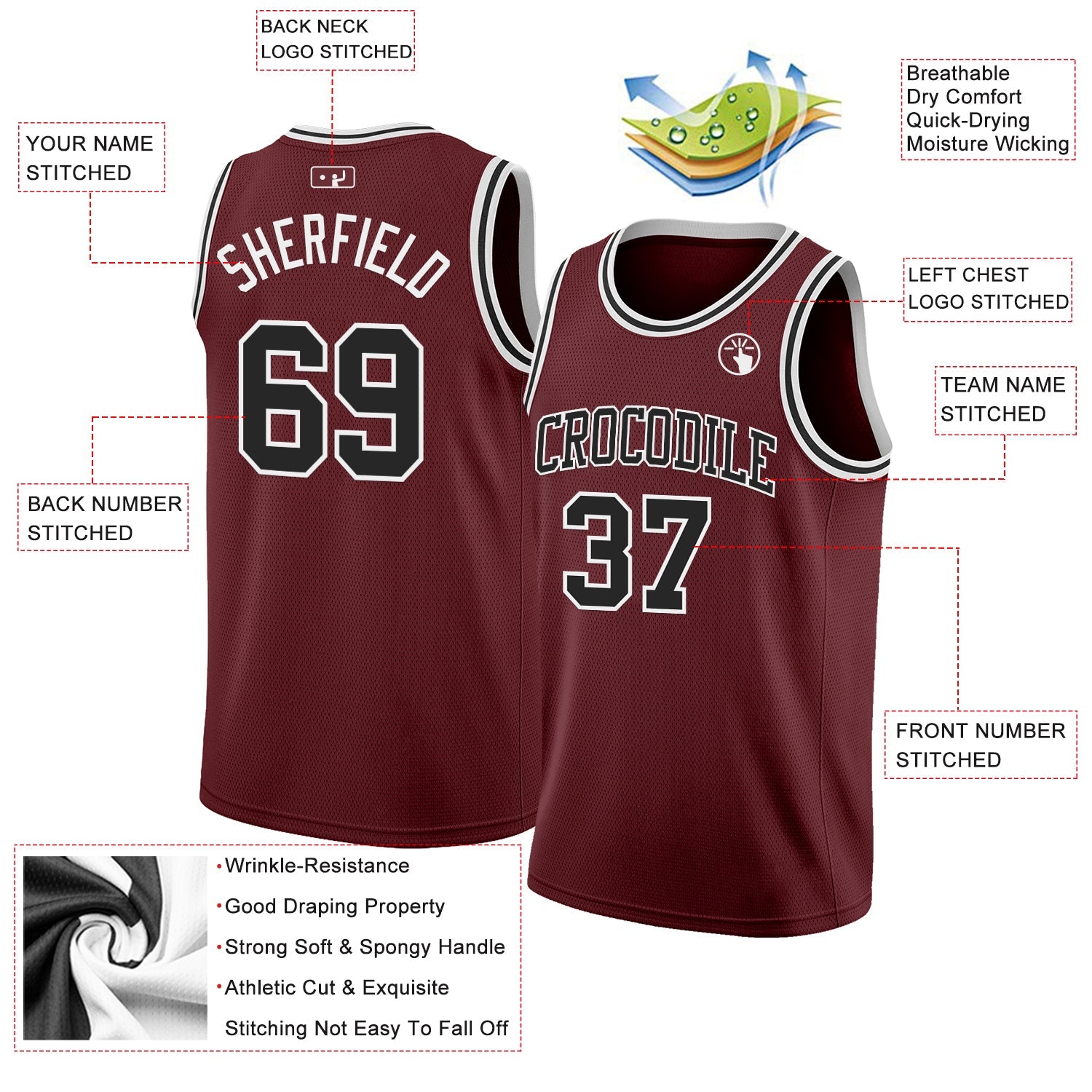 Custom Burgundy Black-White Authentic Basketball Jersey view 2