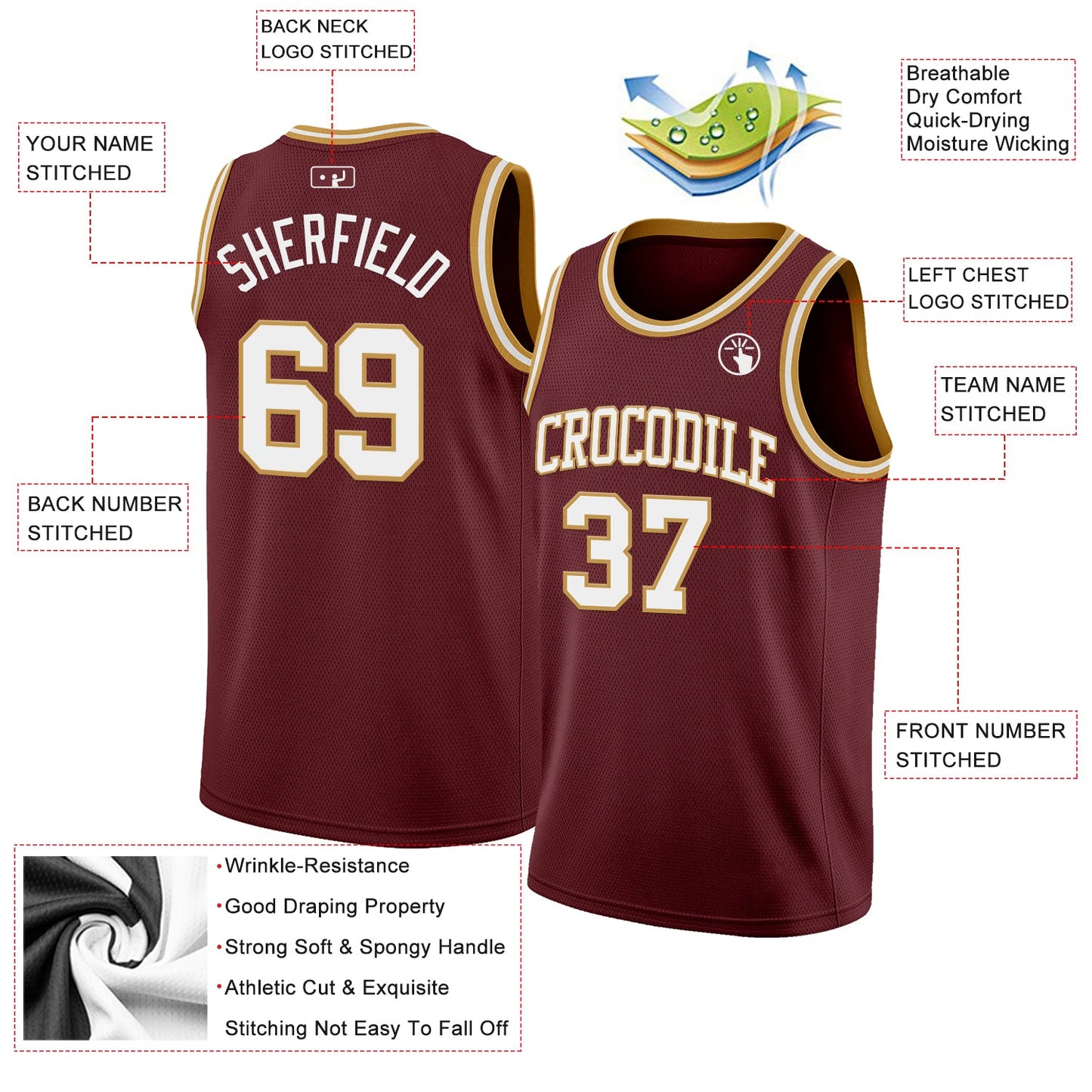 Custom Burgundy White-Old Gold Authentic Basketball Jersey view 2