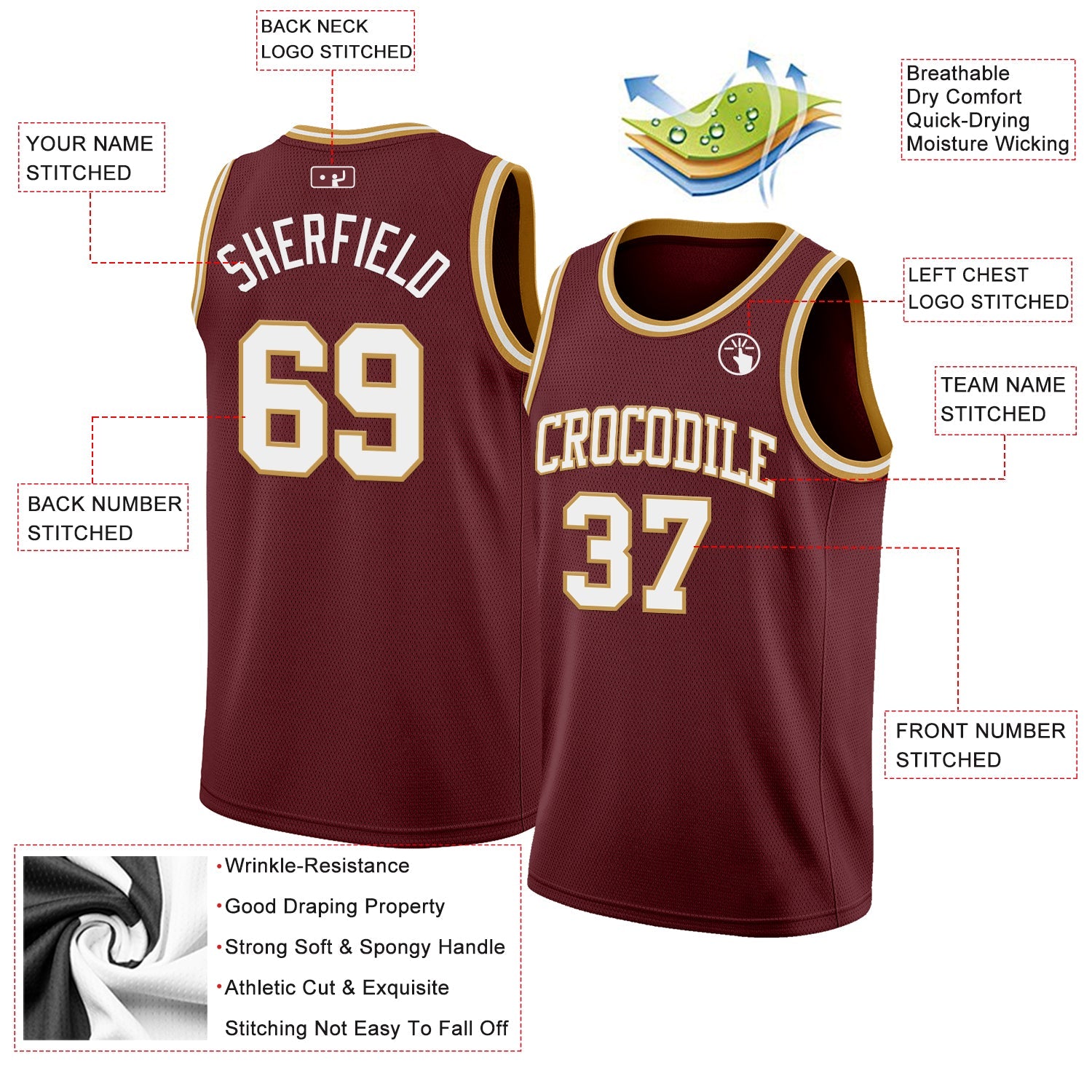 Custom Burgundy White-Old Gold Authentic Basketball Jersey view 2