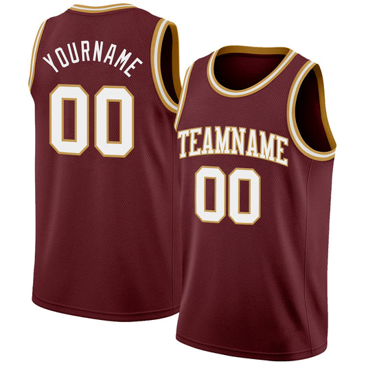 Custom Burgundy White-Old Gold Authentic Basketball Jersey - Main View