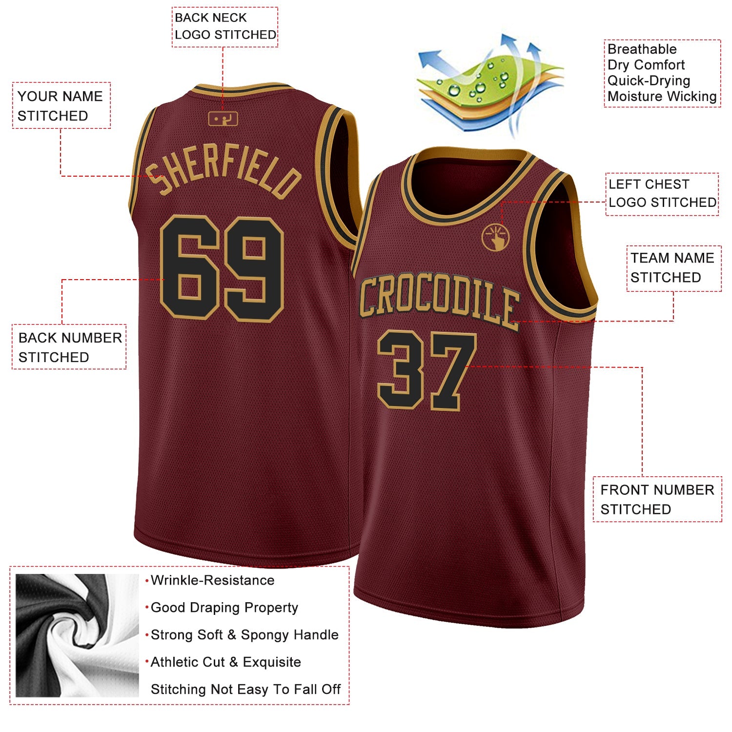Custom Burgundy Black-Old Gold Authentic Basketball Jersey view 2