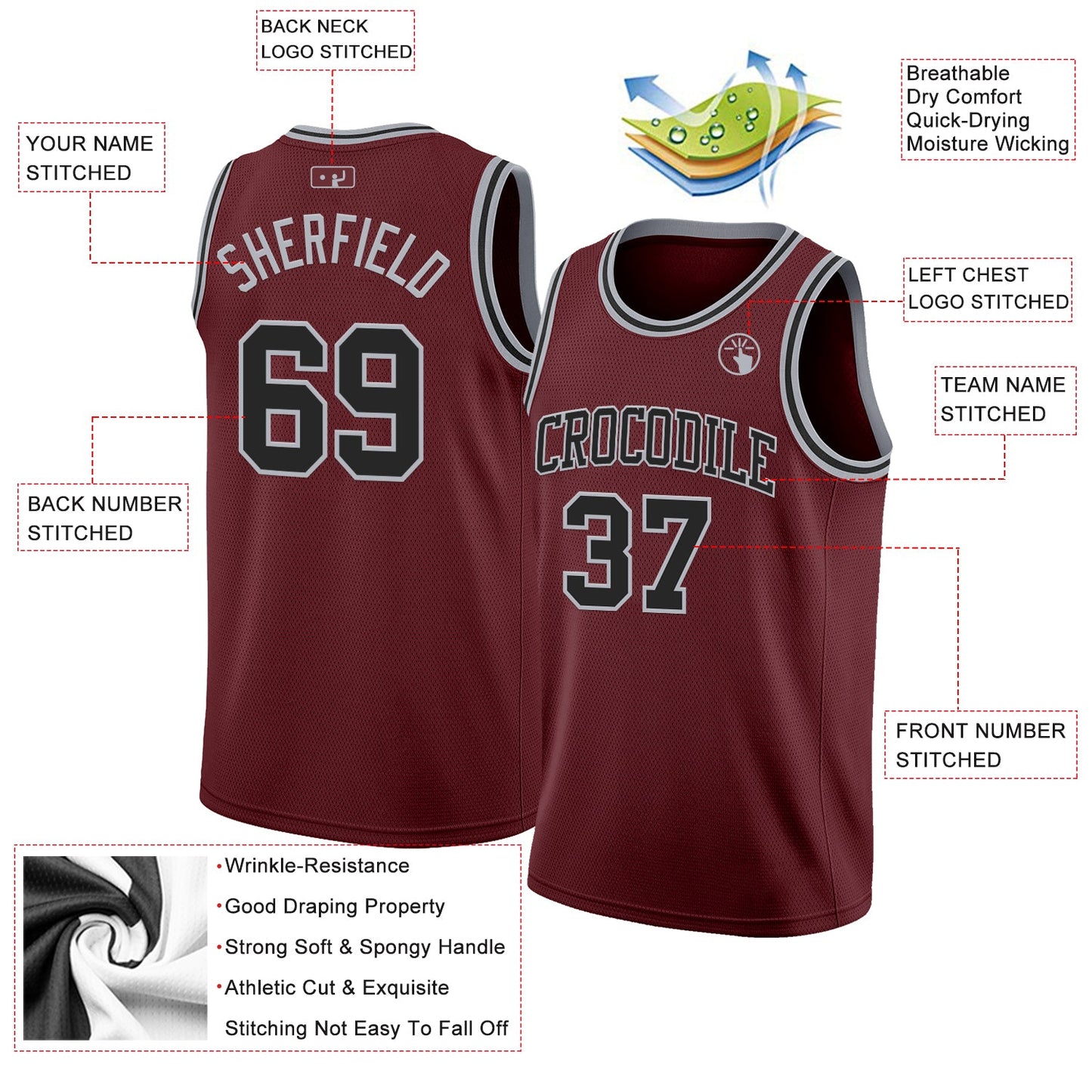 Custom Burgundy Black-Gray Authentic Basketball Jersey view 2