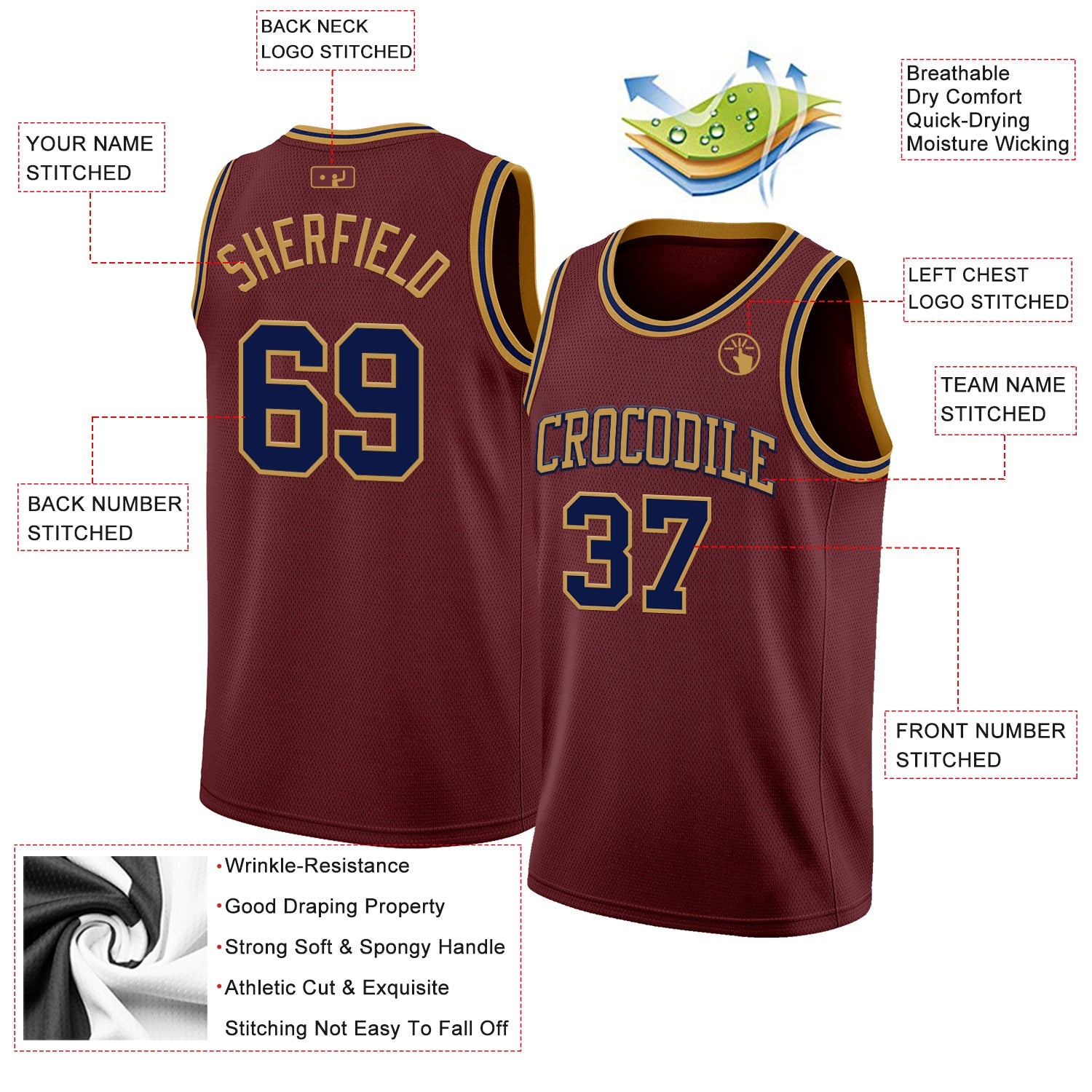 Custom Burgundy Navy-Old Gold Authentic Basketball Jersey view 2