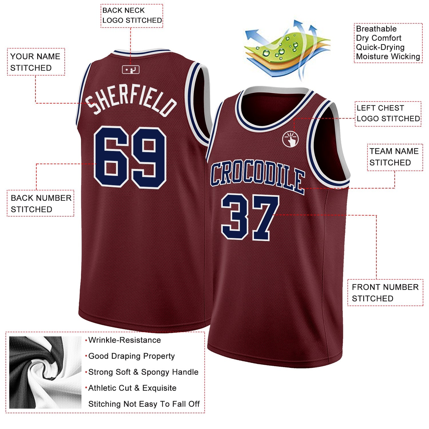 Custom Burgundy Navy-White Authentic Basketball Jersey view 2