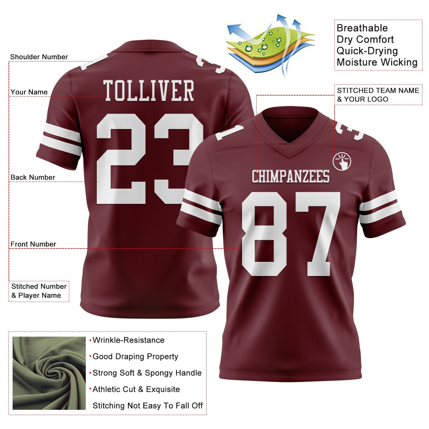 Custom Burgundy White Authentic Football Jersey view 3