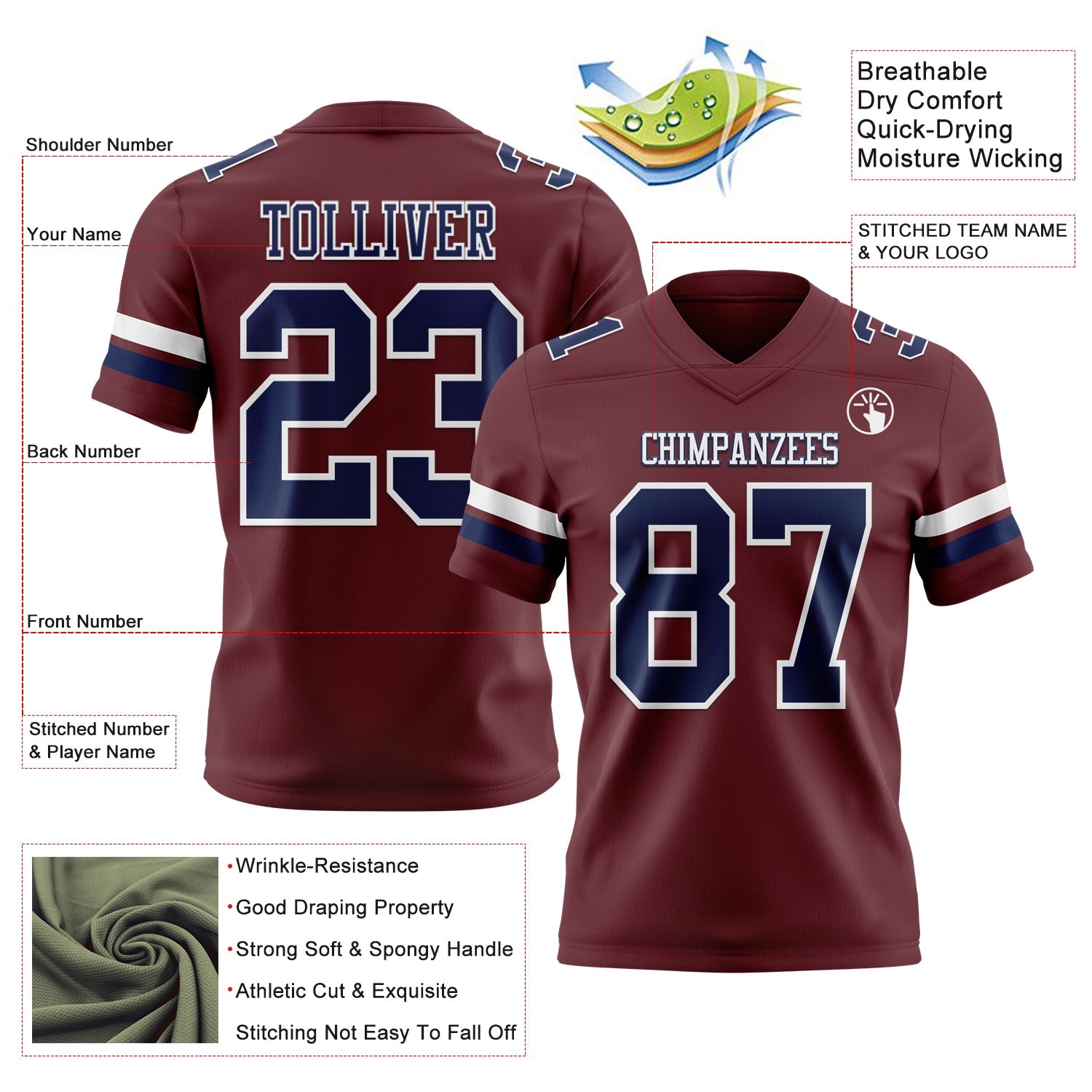 Custom Burgundy Navy-White Authentic Football Jersey view 3