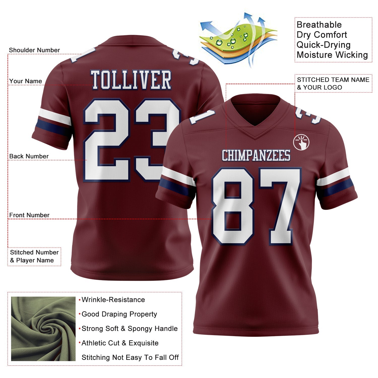 Custom Burgundy White-Navy Authentic Football Jersey view 3