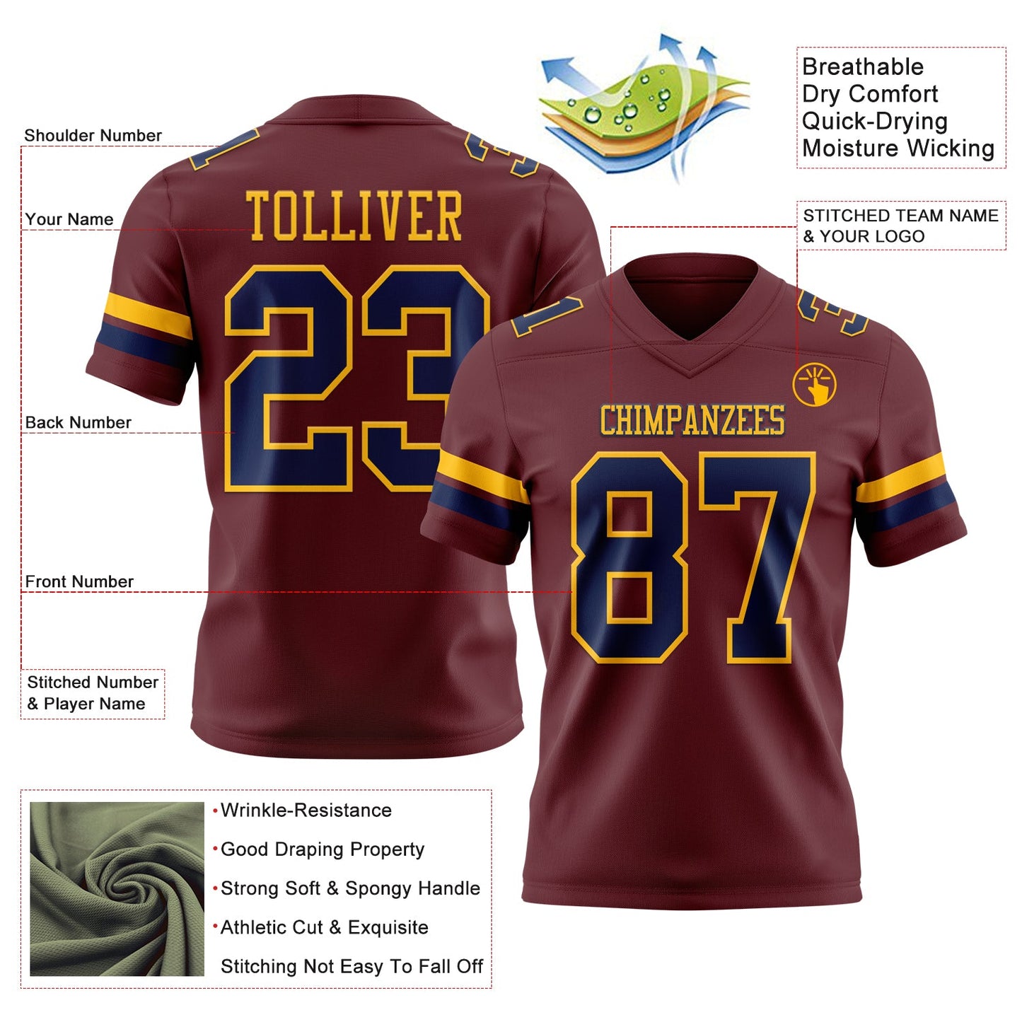 Custom Burgundy Navy-Gold Authentic Football Jersey view 3