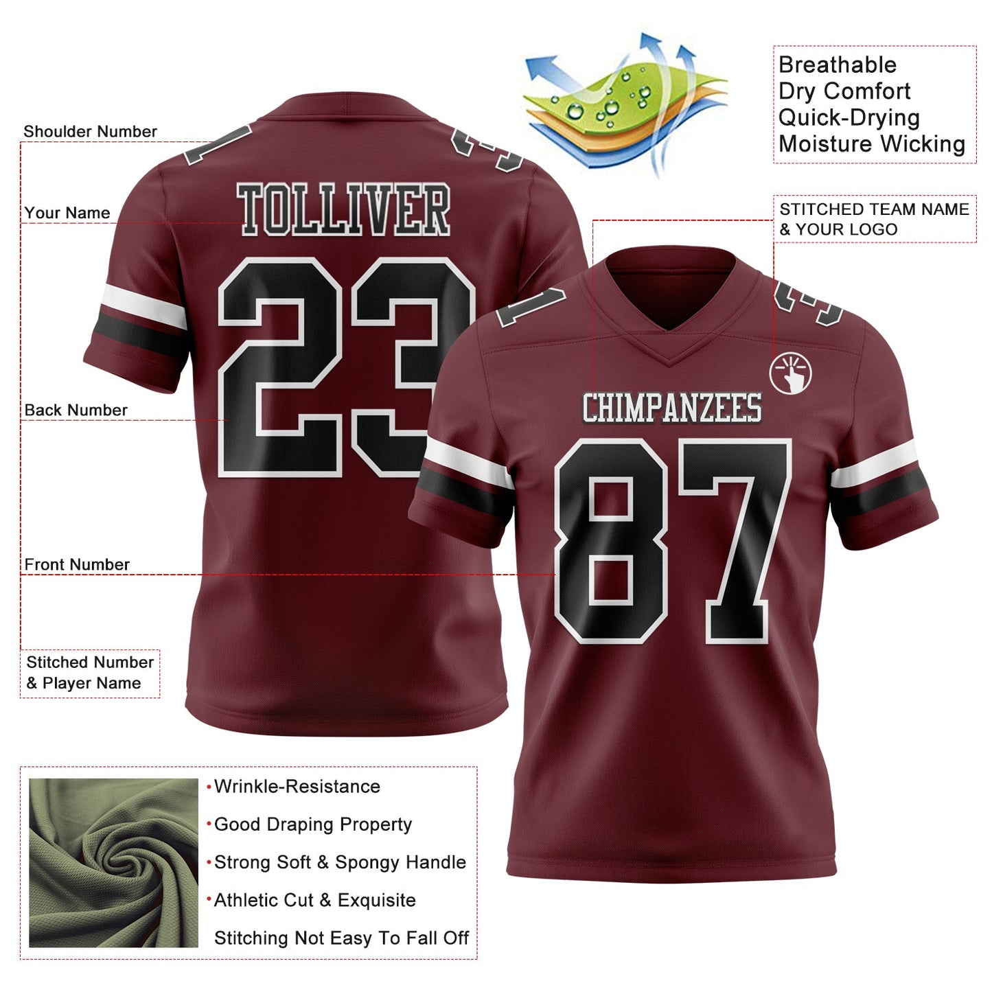 Custom Burgundy Black-White Authentic Football Jersey view 3