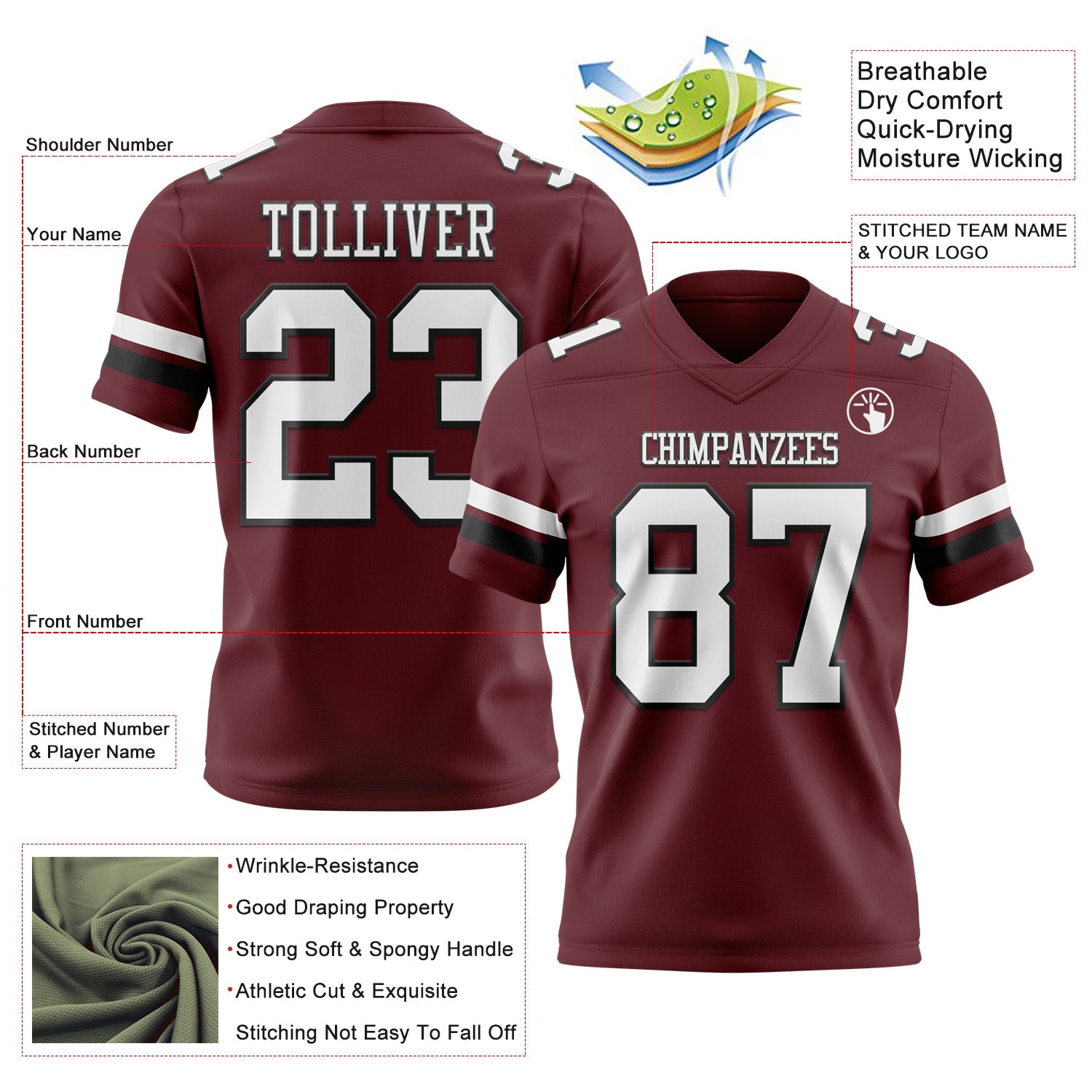 Custom Burgundy White-Black Authentic Football Jersey view 3