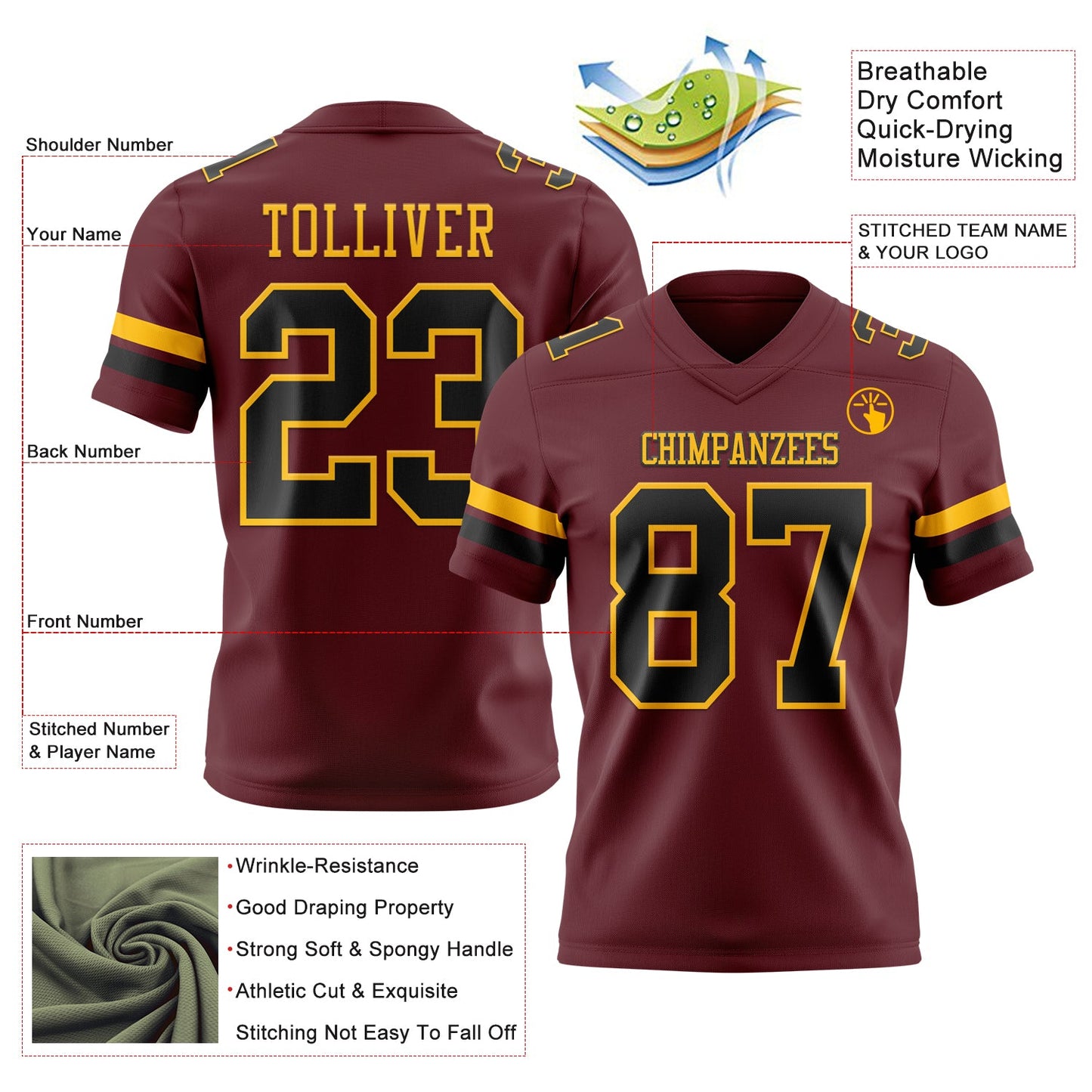 Custom Burgundy Black-Gold Authentic Football Jersey view 3