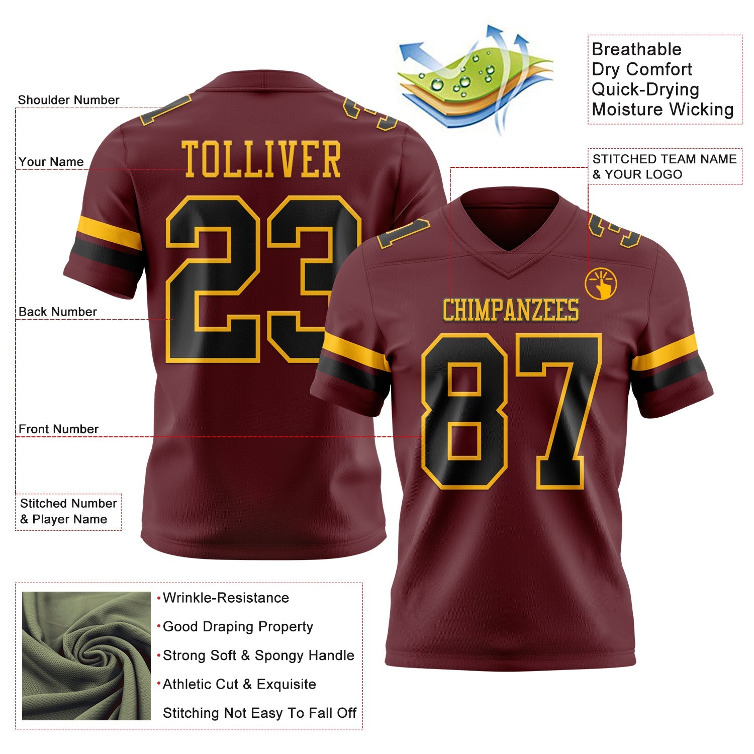 Custom Burgundy Black-Gold Authentic Football Jersey view 3