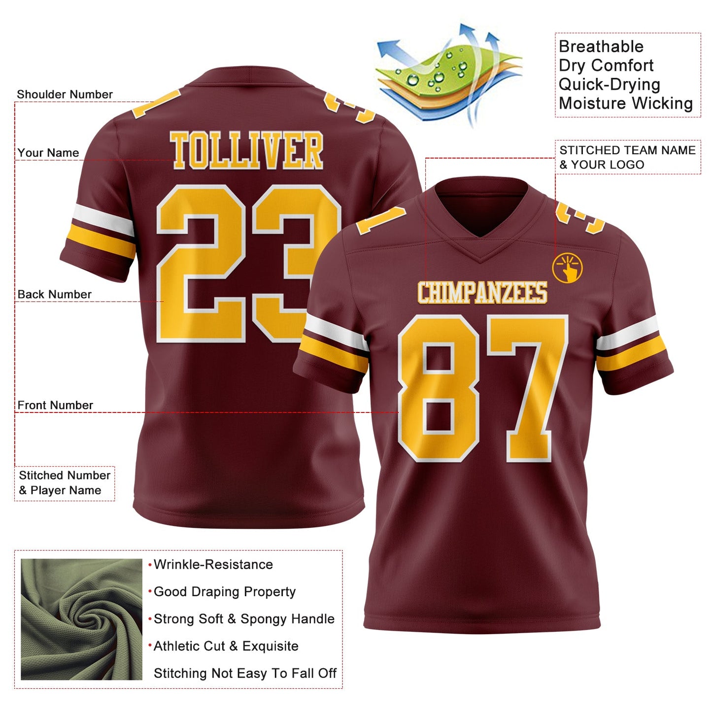 Custom Burgundy Gold-White Authentic Football Jersey view 3