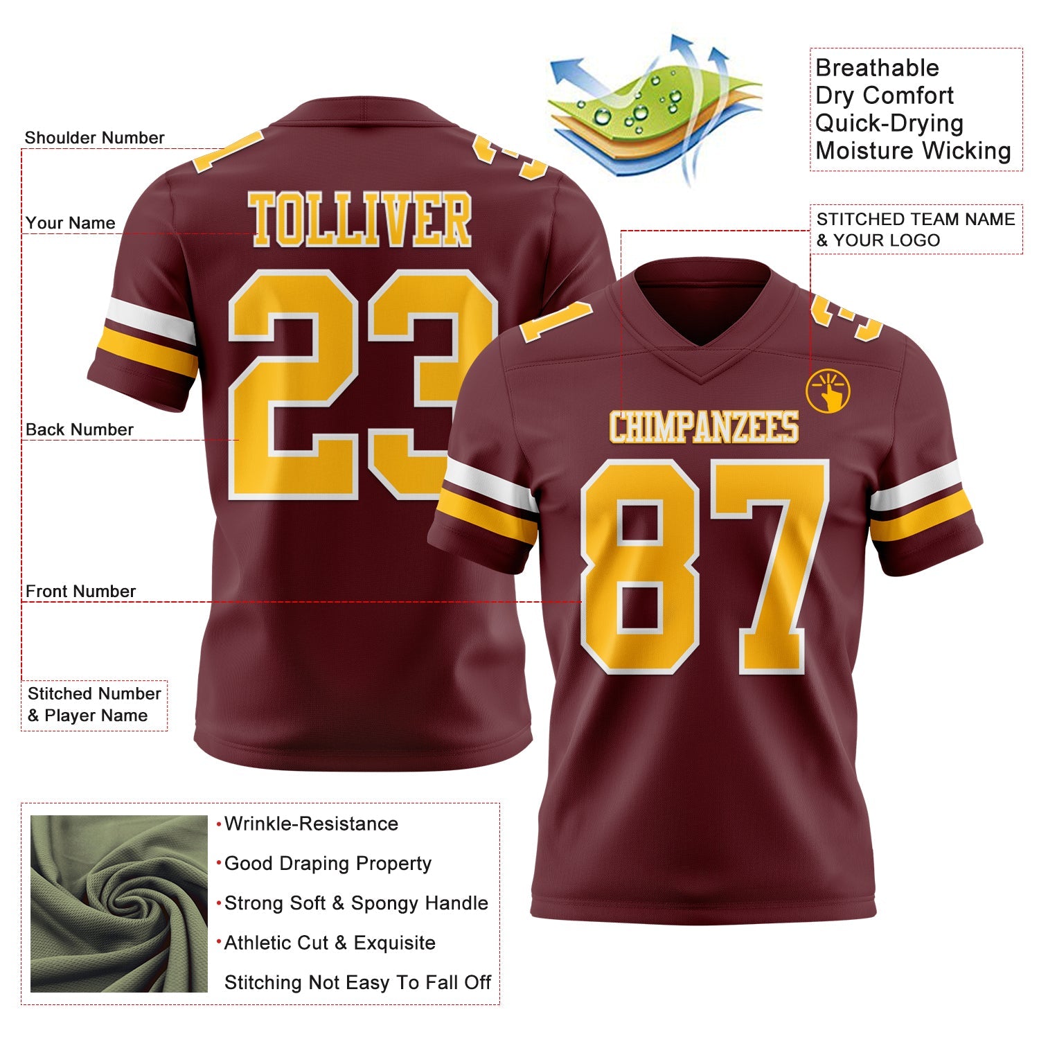 Custom Burgundy Gold-White Authentic Football Jersey view 3