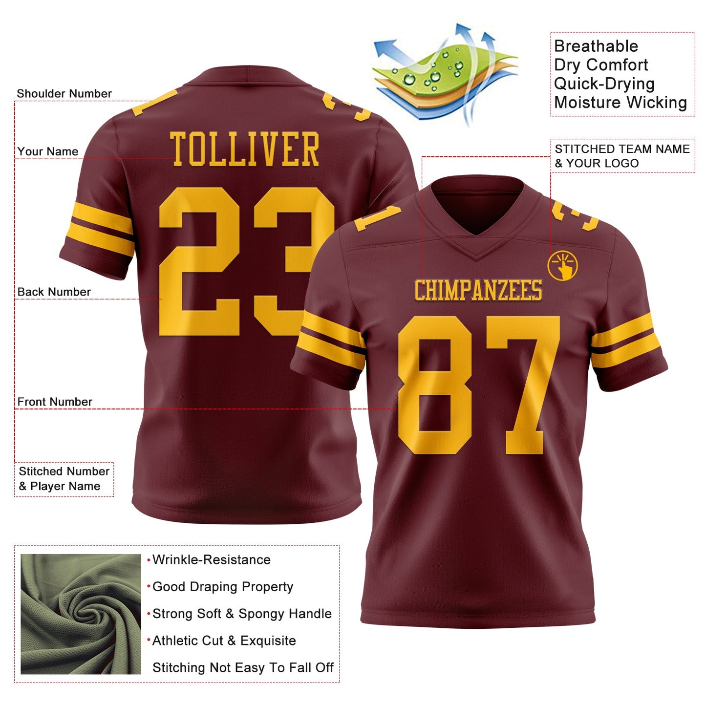 Custom Burgundy Gold Authentic Football Jersey view 3