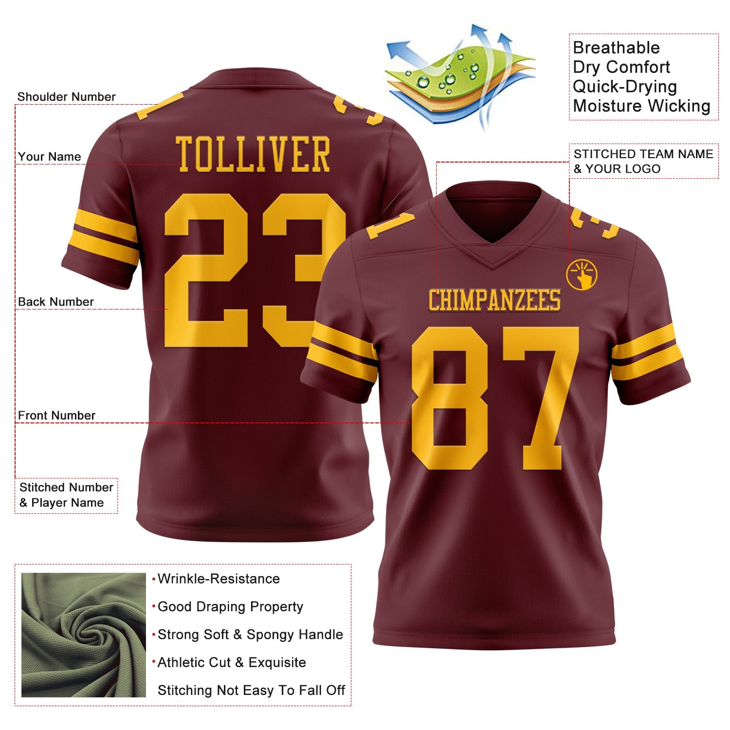 Custom Burgundy Gold Authentic Football Jersey view 3