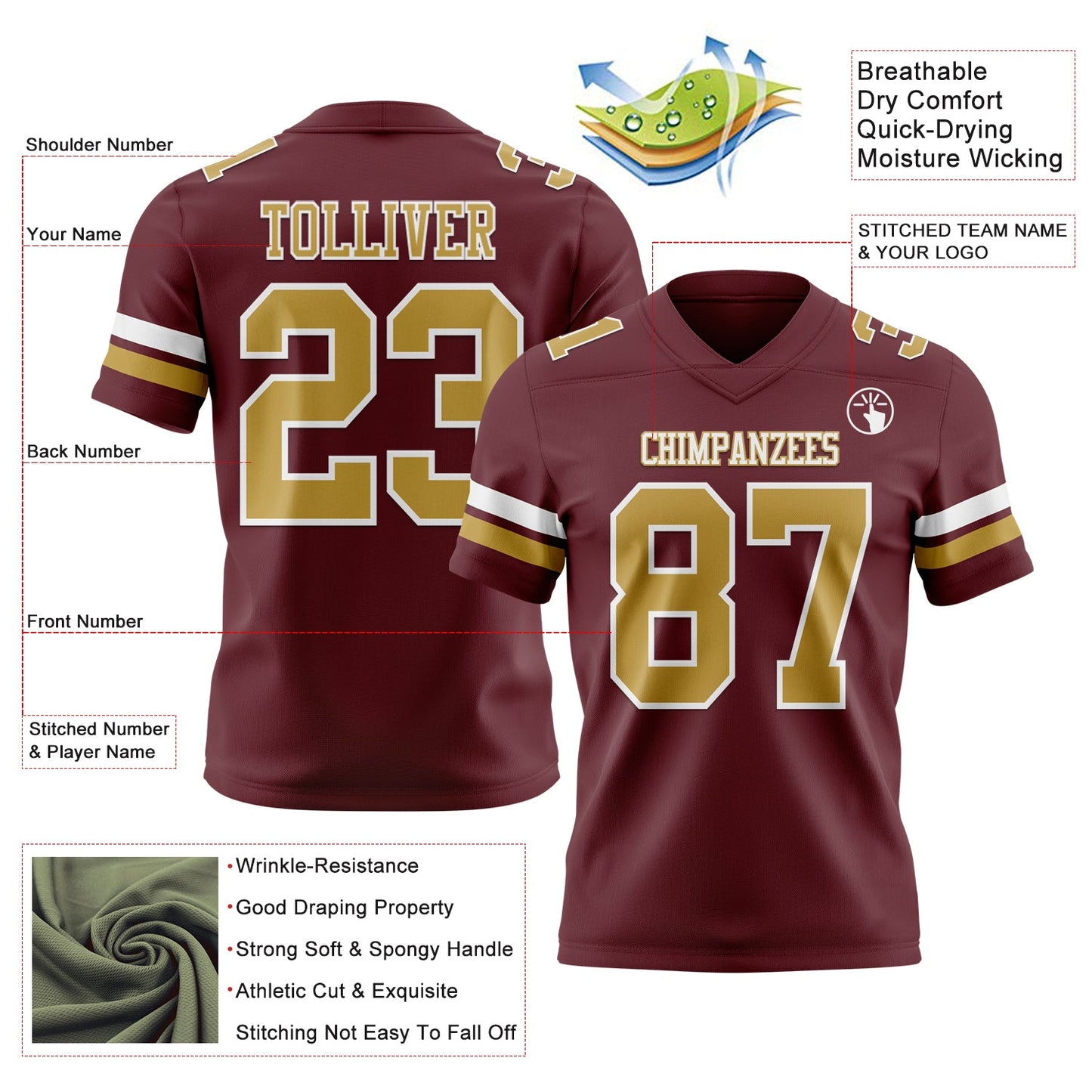 Custom Burgundy Old Gold-White Authentic Football Jersey view 3